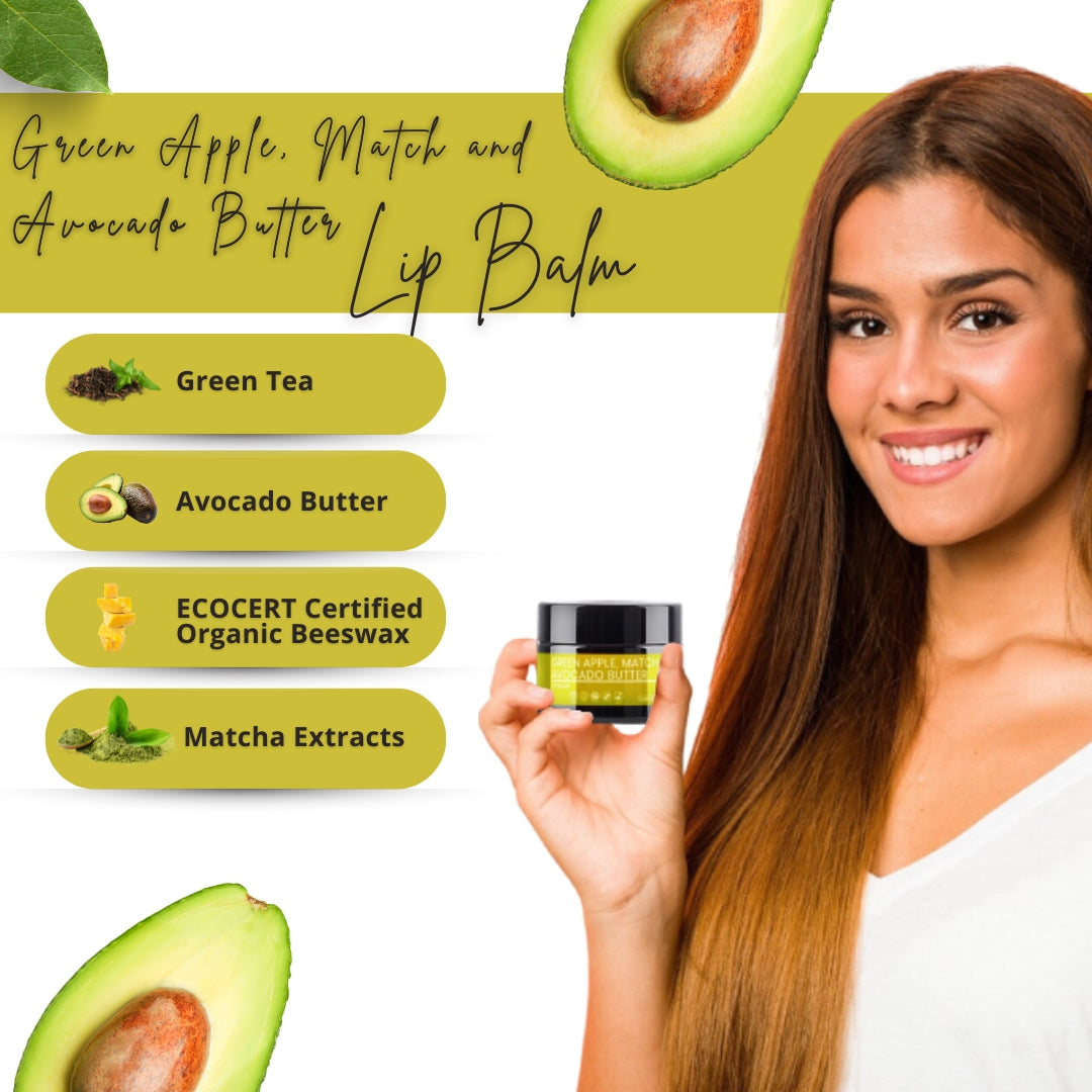 GREEN APPLE, MATCHA and AVOCADO BUTTER Lip Balm | Made with ECOCERT Certified Organic Bees Wax | For Smooth Supple and Lucious Lips | 8 gm