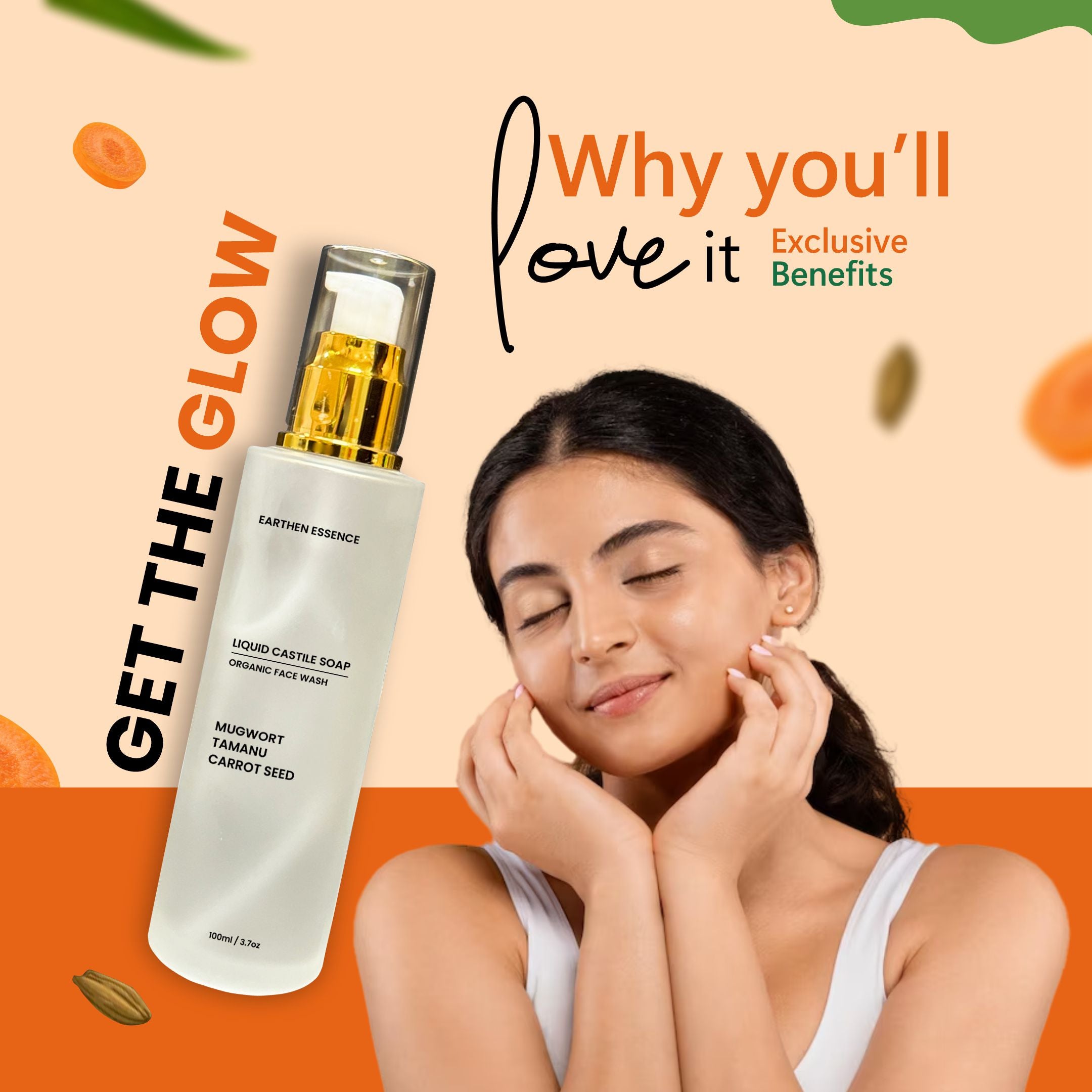 Earthen Essence Organic Castile Face Wash with Mugwort, Tamanu and Carrot Seed Oil | Natural Dark Spot Eraser | Fades Spots, Acne Marks & Evens Tone | Cruelty-free & 100% Vegan | 100ml