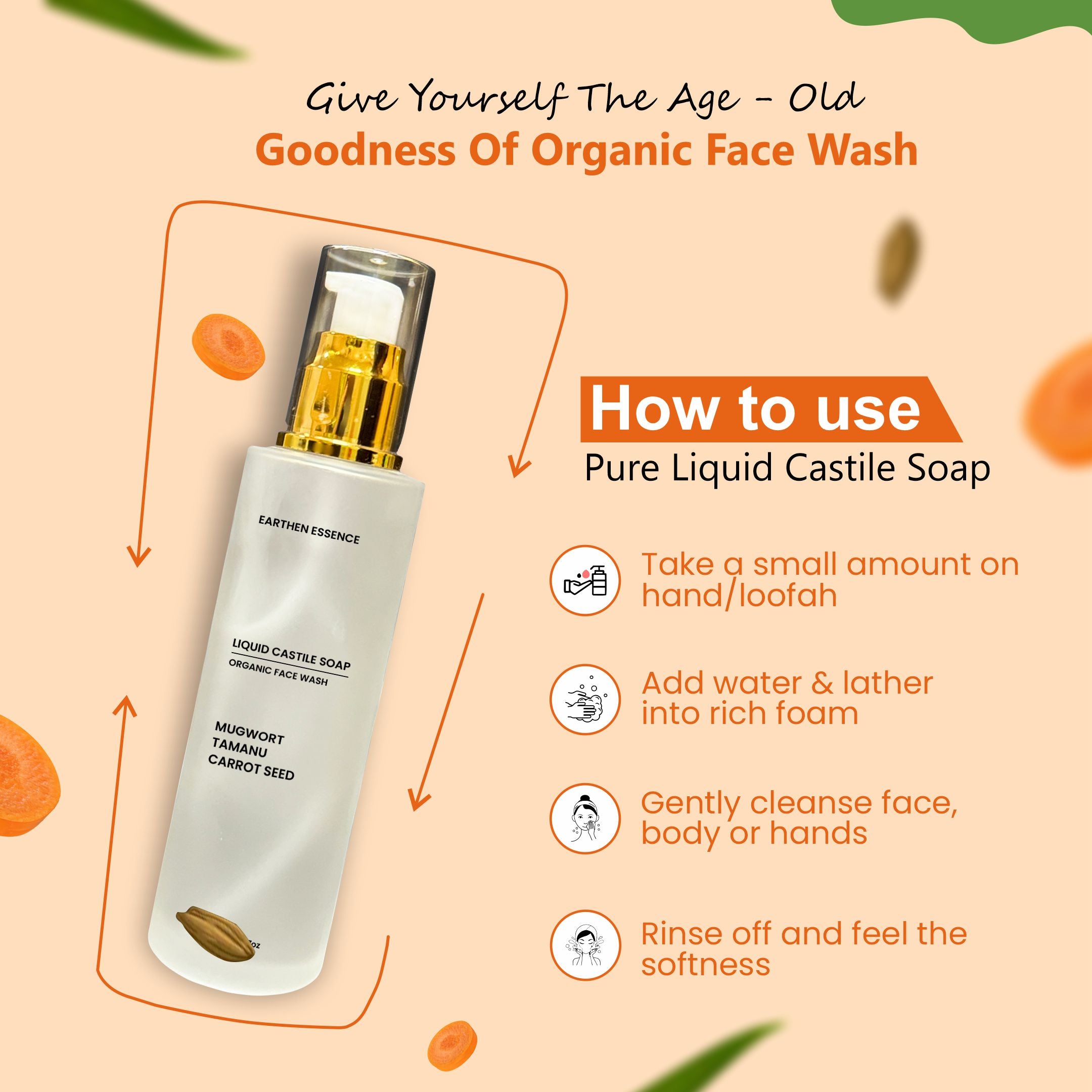 Earthen Essence Organic Castile Face Wash with Mugwort, Tamanu and Carrot Seed Oil | Natural Dark Spot Eraser | Fades Spots, Acne Marks & Evens Tone | Cruelty-free & 100% Vegan | 100ml