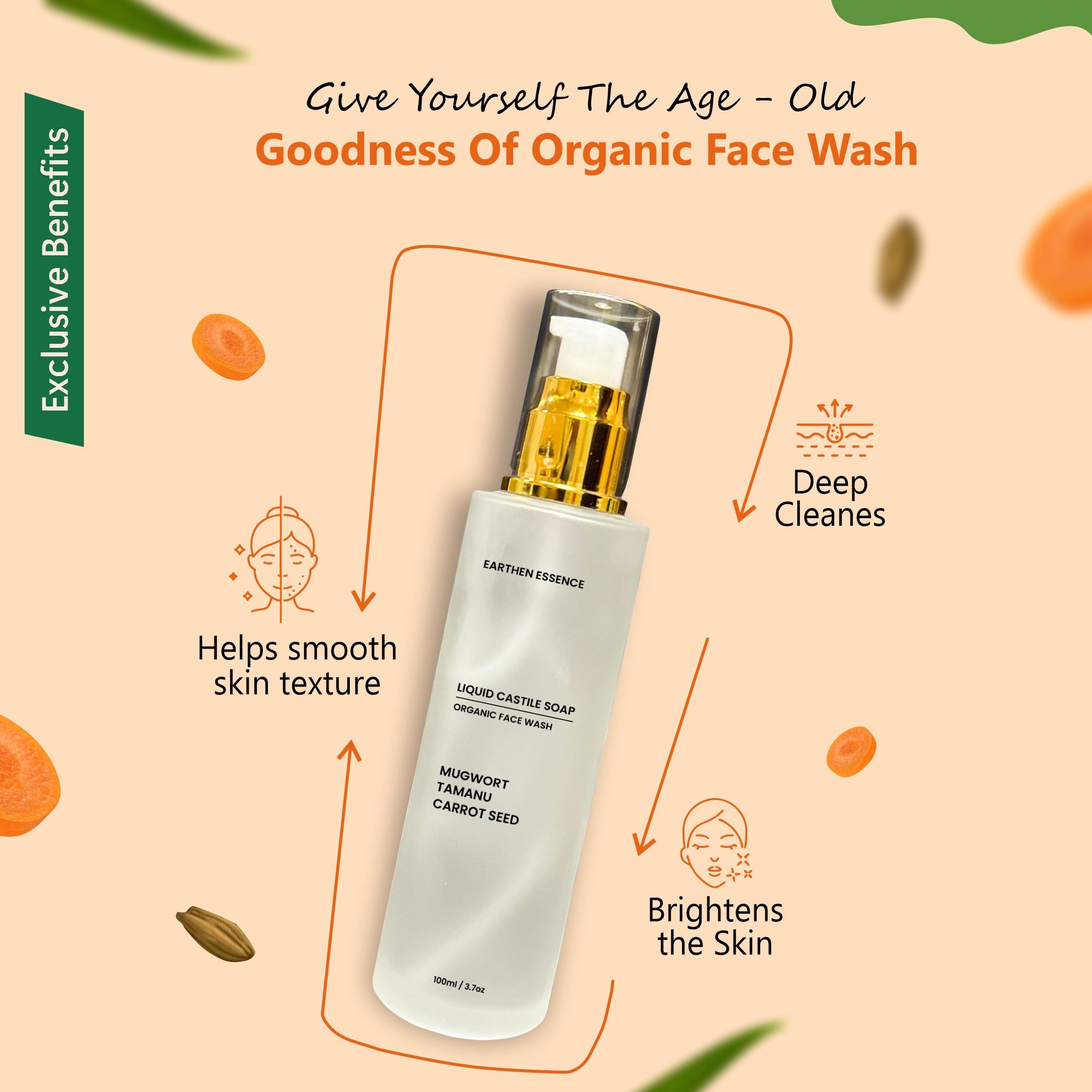 Earthen Essence Organic Castile Face Wash with Mugwort, Tamanu and Carrot Seed Oil | Natural Dark Spot Eraser | Fades Spots, Acne Marks & Evens Tone | Cruelty-free & 100% Vegan | 100ml