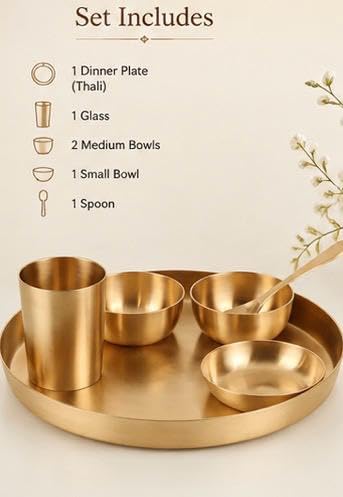 100% Pure Kansa Thali Set 6-Piece | Diwali Gift Set | Matte Finish Bronze Dinner Set | 11.5" Plate, 2 Bowls, Glass, Sweet Dish Plate & Spoon