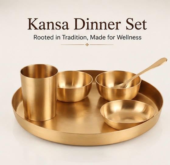 100% Pure Kansa Thali Set 6-Piece | Diwali Gift Set | Matte Finish Bronze Dinner Set | 11.5" Plate, 2 Bowls, Glass, Sweet Dish Plate & Spoon