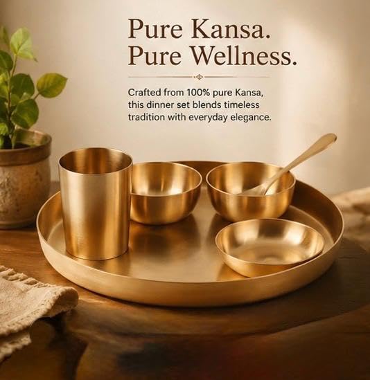 100% Pure Kansa Thali Set 6-Piece | Diwali Gift Set | Matte Finish Bronze Dinner Set | 11.5" Plate, 2 Bowls, Glass, Sweet Dish Plate & Spoon