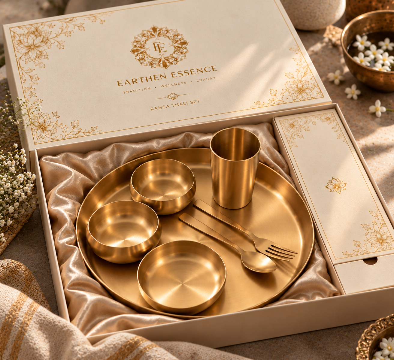 100% Pure Kansa Thali Set 6-Piece | Diwali Gift Set | Matte Finish Bronze Dinner Set | 11.5" Plate, 2 Bowls, Glass, Sweet Dish Plate & Spoon
