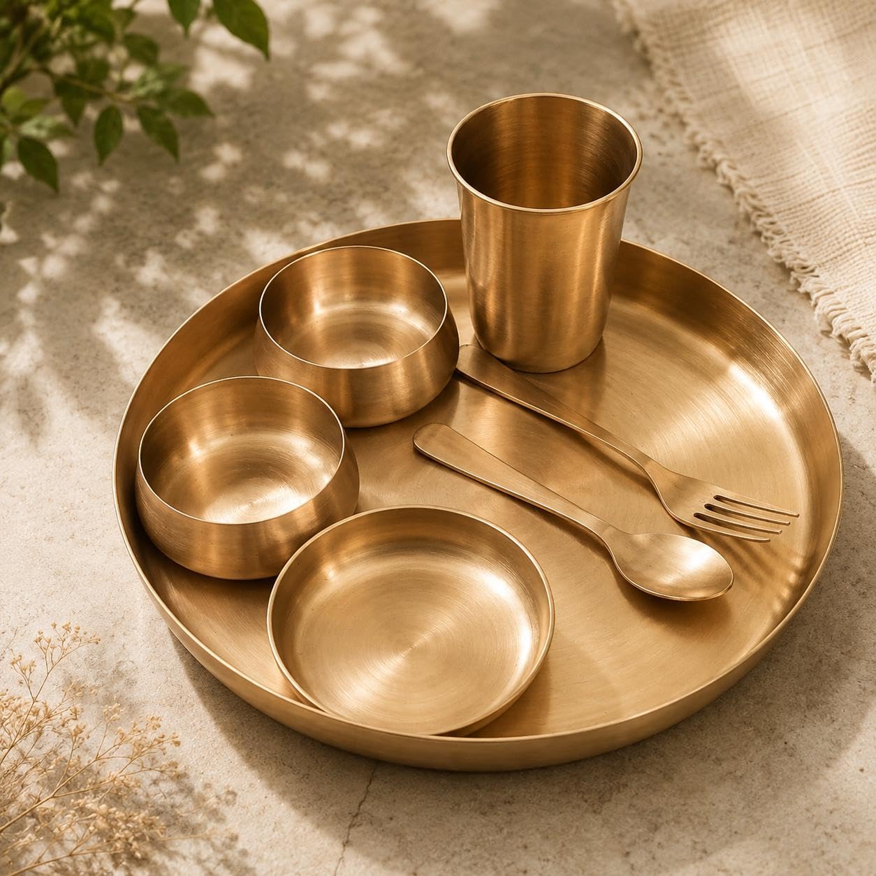 100% Pure Kansa Thali Set 6-Piece | Diwali Gift Set | Matte Finish Bronze Dinner Set | 11.5" Plate, 2 Bowls, Glass, Sweet Dish Plate & Spoon