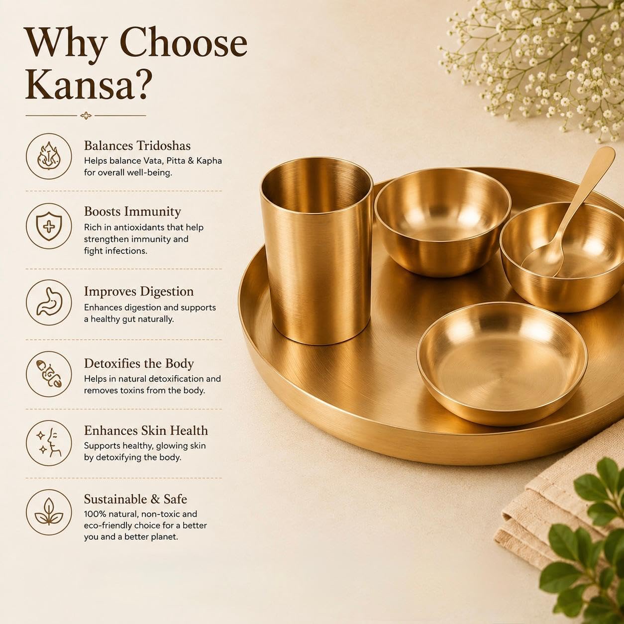 100% Pure Kansa Thali Set 6-Piece | Diwali Gift Set | Matte Finish Bronze Dinner Set | 11.5" Plate, 2 Bowls, Glass, Sweet Dish Plate & Spoon