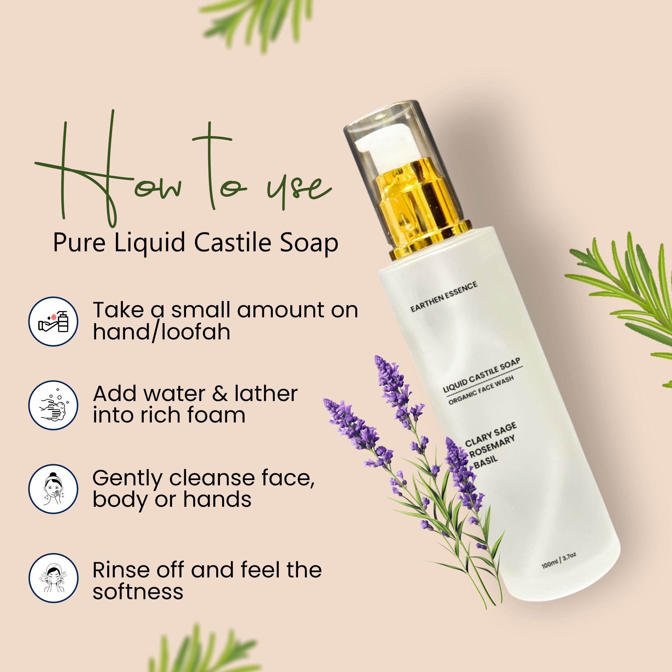 Organic CASTILE FACE WASH Wash with Clary Sage, Rosemary and Basil | Pore Cleansing, Oil Control & Sebum Regulation | for Oily, Combination and Acne-Prone Skin | Cruelty-free & 100% Vegan | 100ml