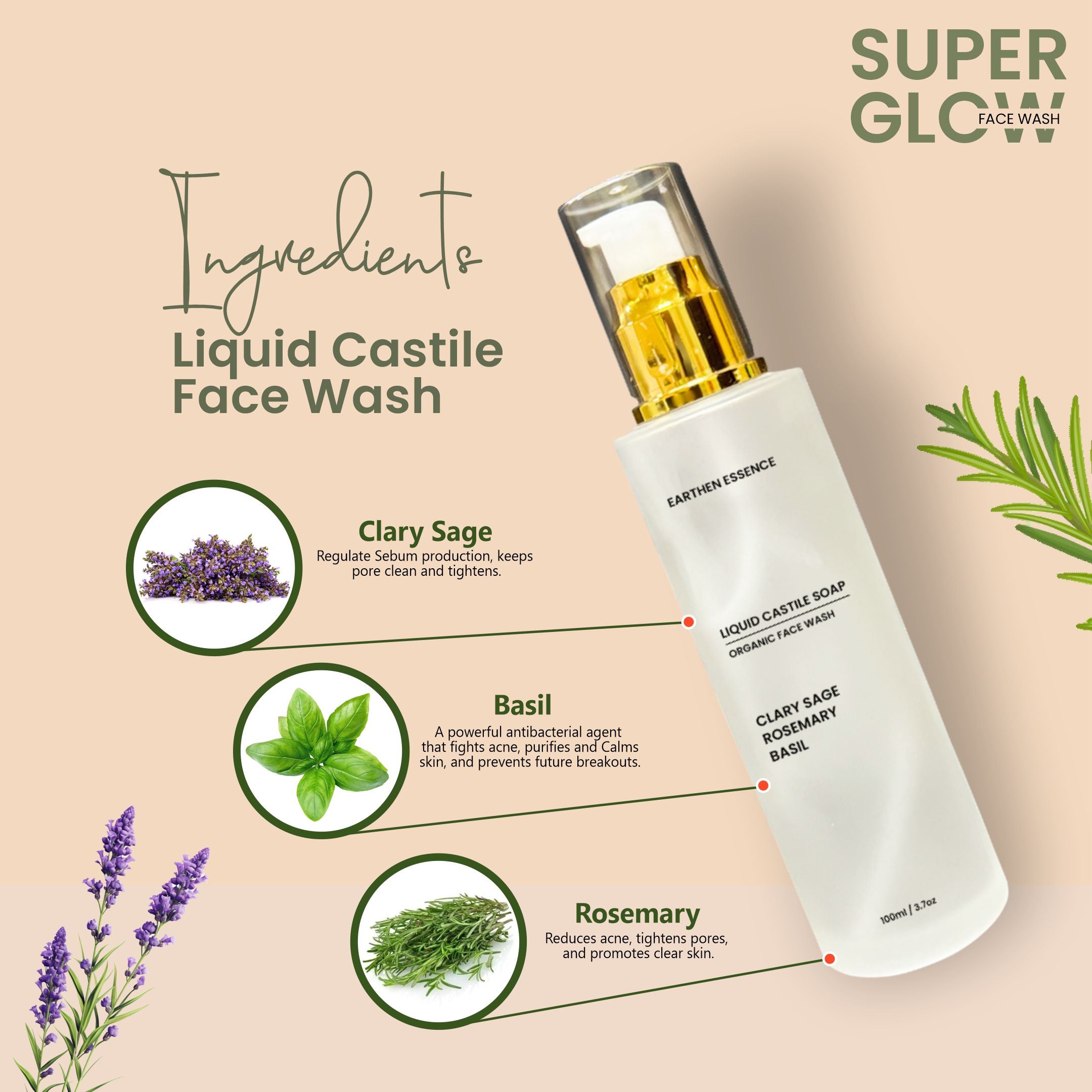 Organic CASTILE FACE WASH Wash with Clary Sage, Rosemary and Basil | Pore Cleansing, Oil Control & Sebum Regulation | for Oily, Combination and Acne-Prone Skin | Cruelty-free & 100% Vegan | 100ml