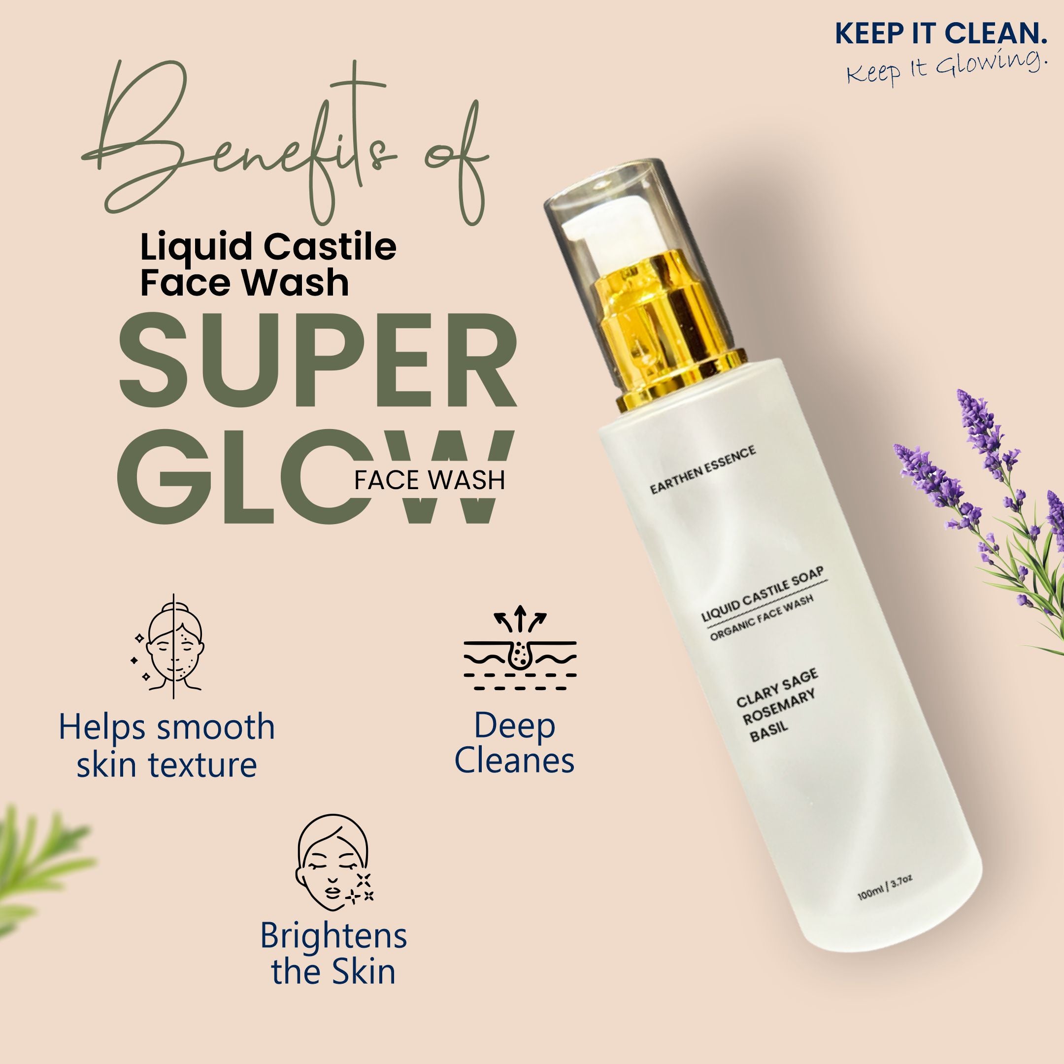 Organic CASTILE FACE WASH Wash with Clary Sage, Rosemary and Basil | Pore Cleansing, Oil Control & Sebum Regulation | for Oily, Combination and Acne-Prone Skin | Cruelty-free & 100% Vegan | 100ml