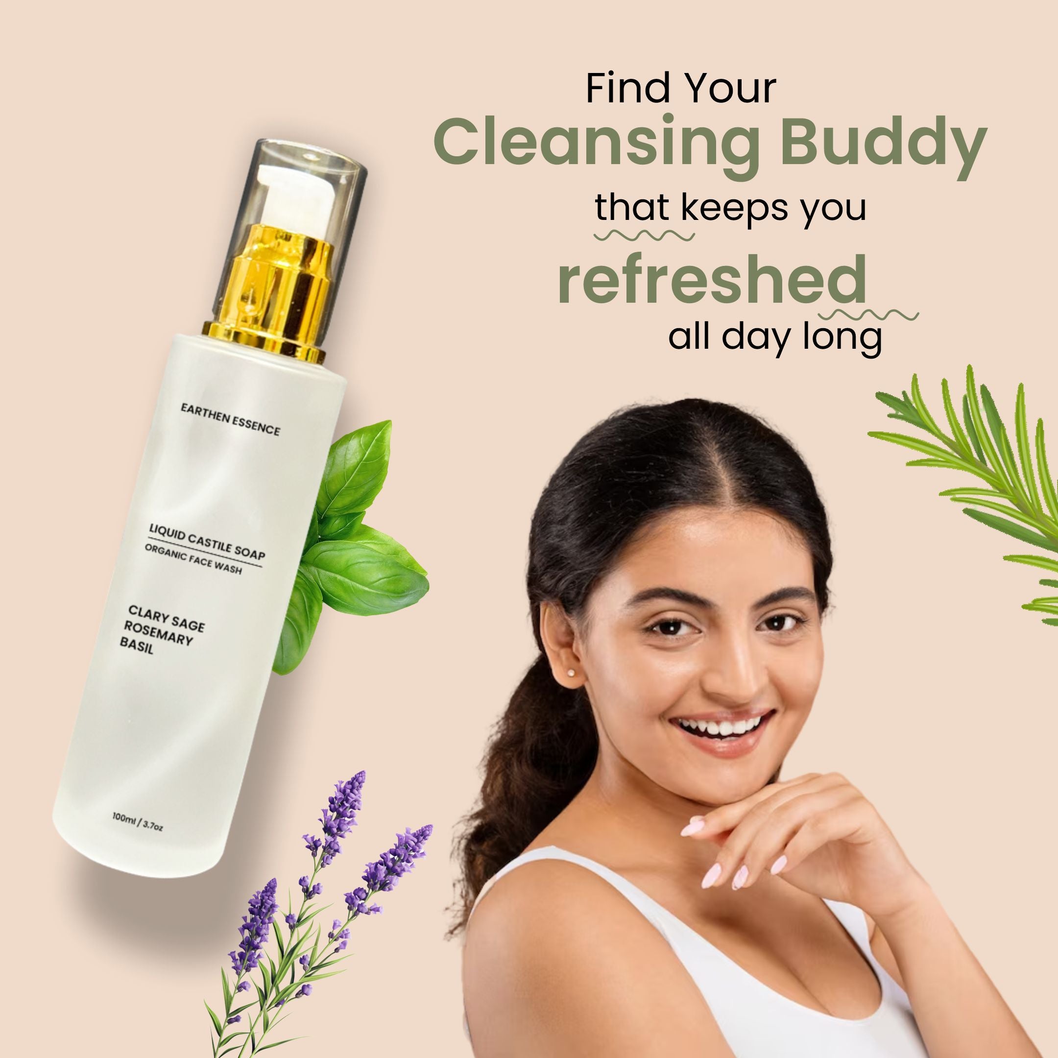 Organic CASTILE FACE WASH Wash with Clary Sage, Rosemary and Basil | Pore Cleansing, Oil Control & Sebum Regulation | for Oily, Combination and Acne-Prone Skin | Cruelty-free & 100% Vegan | 100ml