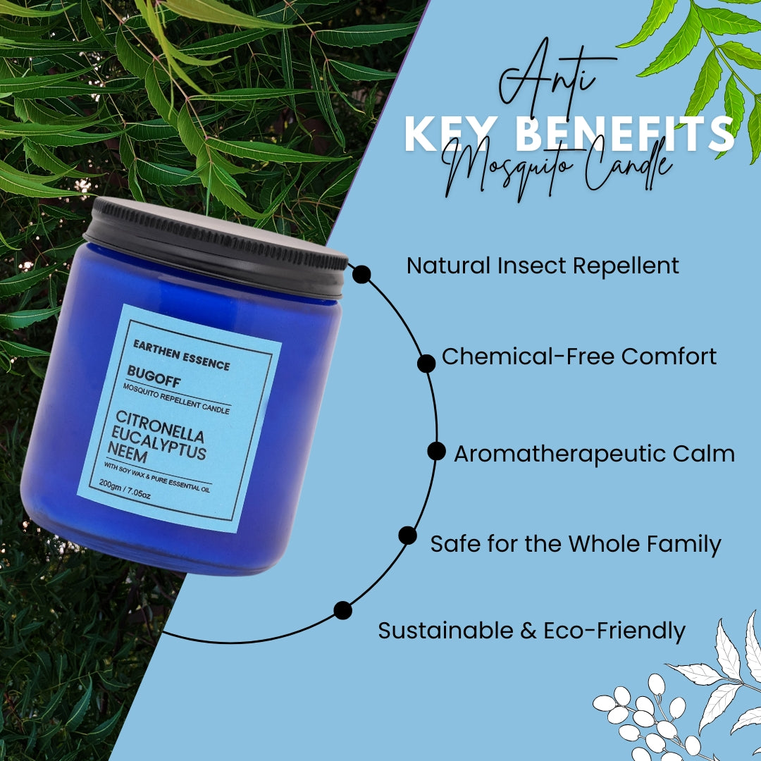 Anti Mosquito Candle BUGOFF | Natural Repellant for Mosquito | With Natural Soy Wax and Pure Essential Oil Citronella, Eucalyptus and Neem | Lead Free German Cotton Wick | 250gm