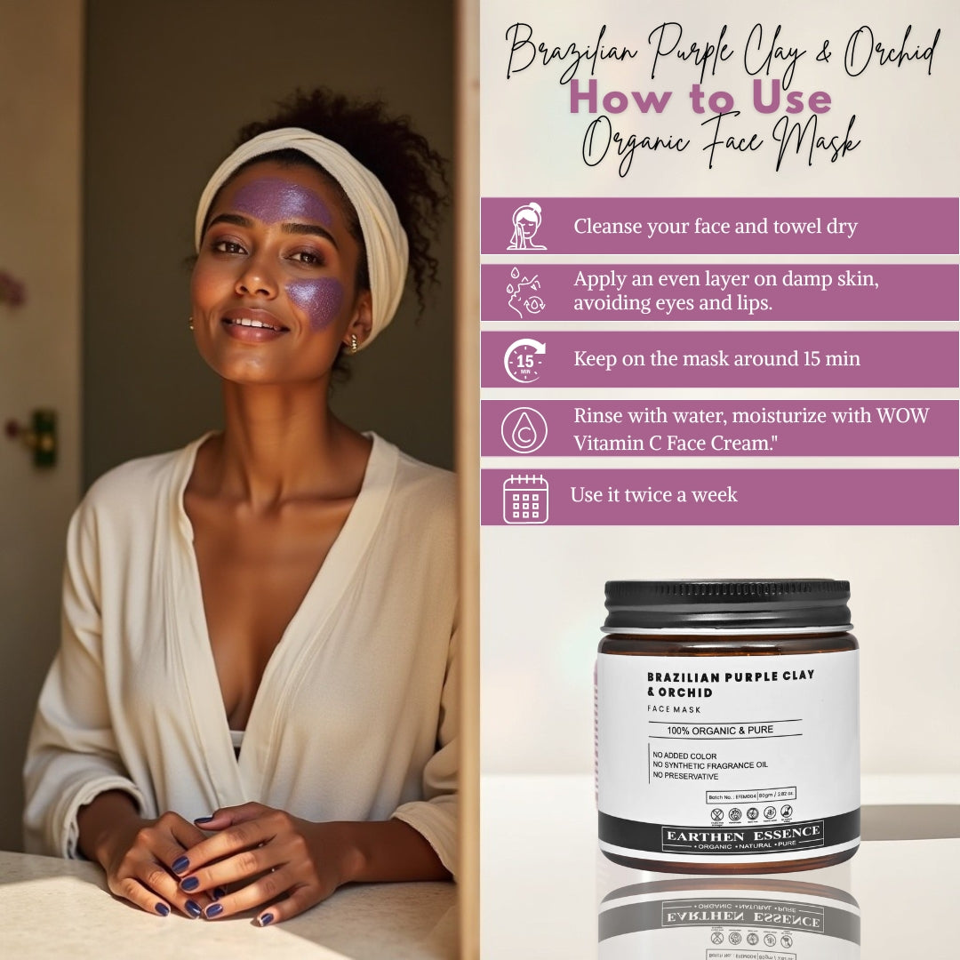 BRAZILIAN PURPLE CLAY & ORCHID Organic Face Mask | Minimizes Blemishes & Prevents Acne | Reduces Pigmentation, Uneven Skin Tone & Blemishes | For All Skin Types | 100g