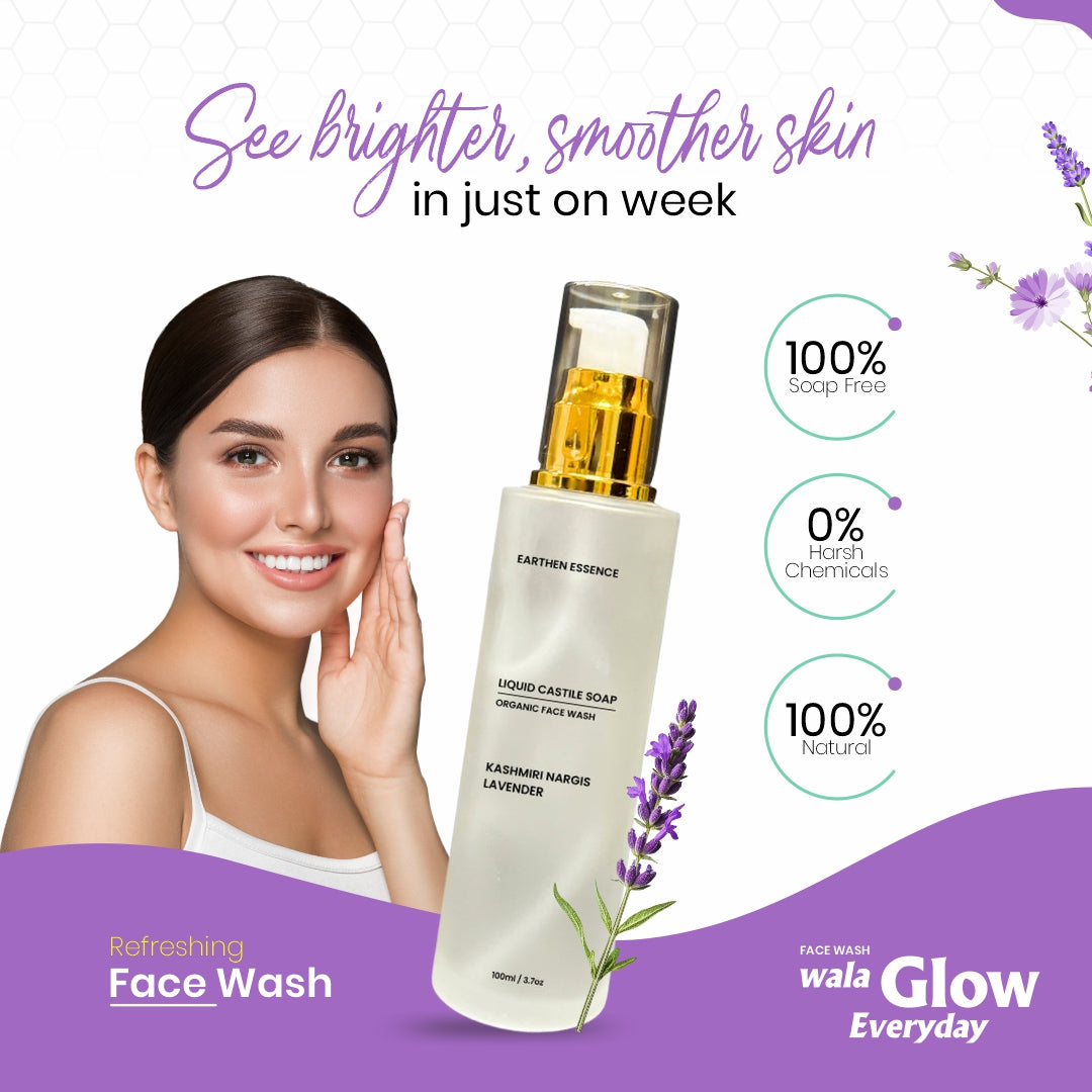 Organic CASTILE FACE WASH with Kashmiri Nargis and Lavender | Skin Brightening, Tan Removal, Hydrating, Nourishing & Gently Exfoliating | Cruelty-free & 100% Vegan | 100ml