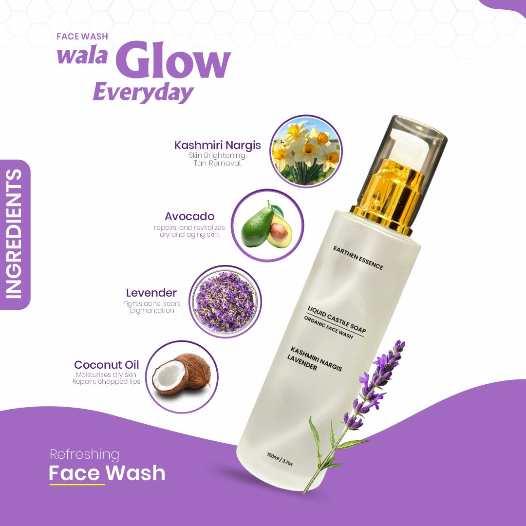 Organic CASTILE FACE WASH with Kashmiri Nargis and Lavender | Skin Brightening, Tan Removal, Hydrating, Nourishing & Gently Exfoliating | Cruelty-free & 100% Vegan | 100ml