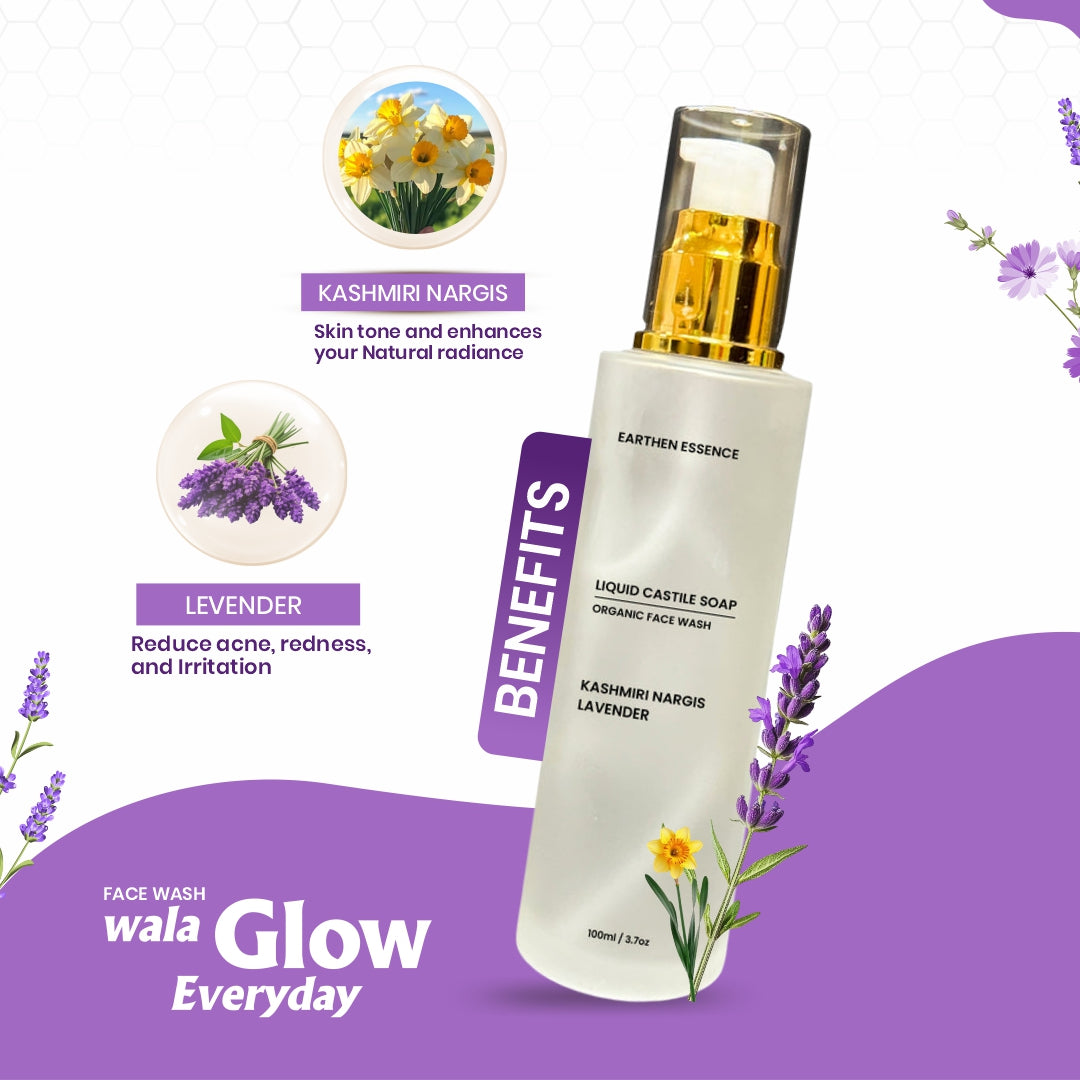 Organic CASTILE FACE WASH with Kashmiri Nargis and Lavender | Skin Brightening, Tan Removal, Hydrating, Nourishing & Gently Exfoliating | Cruelty-free & 100% Vegan | 100ml