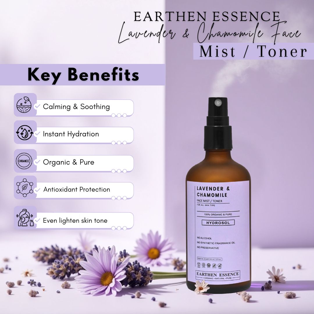 Earthen Essence LAVENDER & CHAMOMILE Face Mist / Toner | Pure Hydrosol | Hydrating & Alcohol-Free | Skin Brightening | Tightens Pores, Balances pH | For All Skin Types | 100ml