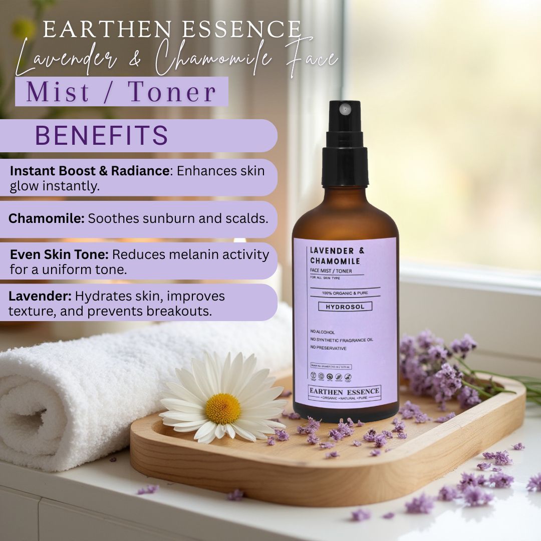 Earthen Essence LAVENDER & CHAMOMILE Face Mist / Toner | Pure Hydrosol | Hydrating & Alcohol-Free | Skin Brightening | Tightens Pores, Balances pH | For All Skin Types | 100ml