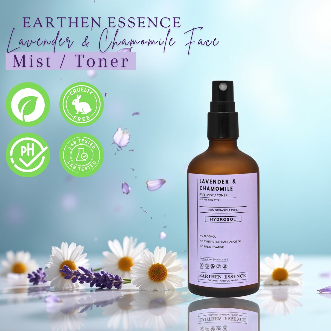 Earthen Essence LAVENDER & CHAMOMILE Face Mist / Toner | Pure Hydrosol | Hydrating & Alcohol-Free | Skin Brightening | Tightens Pores, Balances pH | For All Skin Types | 100ml