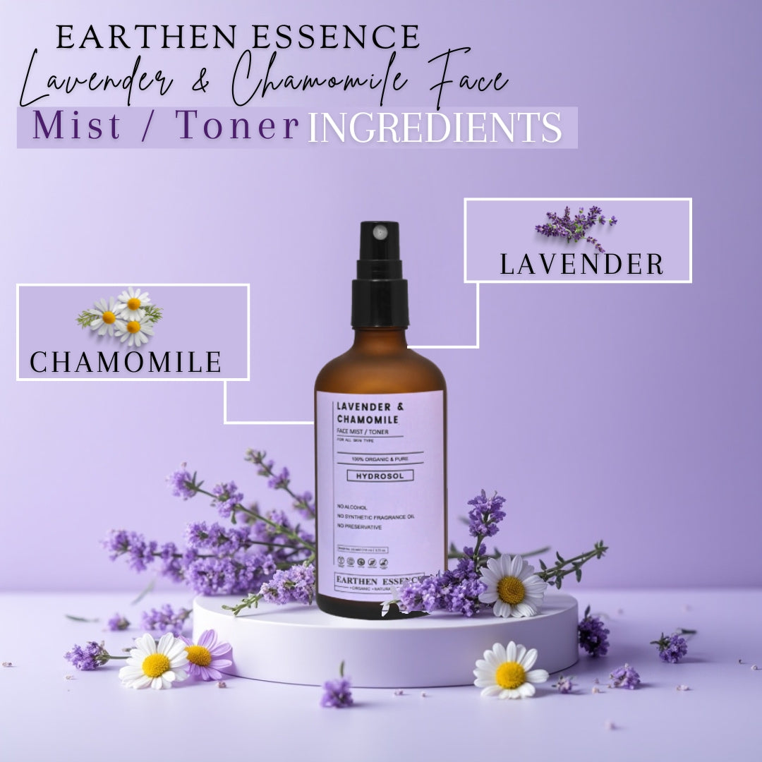 Earthen Essence LAVENDER & CHAMOMILE Face Mist / Toner | Pure Hydrosol | Hydrating & Alcohol-Free | Skin Brightening | Tightens Pores, Balances pH | For All Skin Types | 100ml
