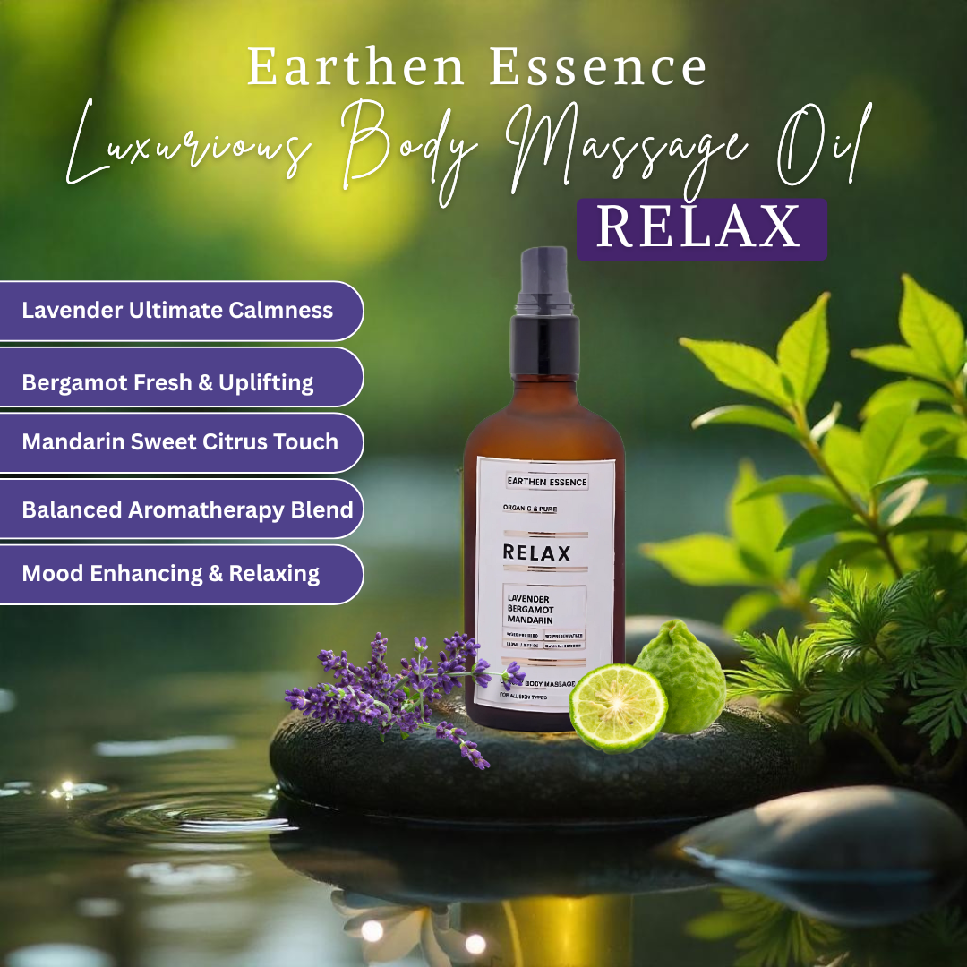 Luxurious Body Massage Oil RELAX | With Wood Pressed Jojoba Oil, Extra Virgin Coconut Oil, Lavender, Bergamot and Mandarin Essential Oil | For Relaxation, Stress Relief, Tiredness and Anxiety (100ml)
