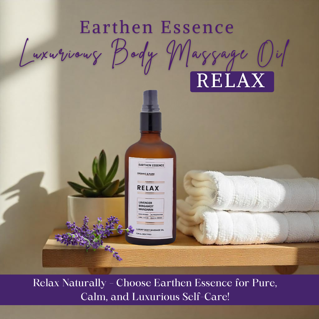Luxurious Body Massage Oil RELAX | With Wood Pressed Jojoba Oil, Extra Virgin Coconut Oil, Lavender, Bergamot and Mandarin Essential Oil | For Relaxation, Stress Relief, Tiredness and Anxiety (100ml)