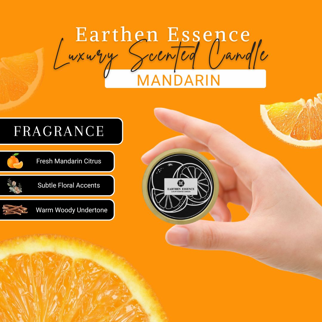 Earthen Essence Luxury Scented Candle MANDARIN | Travel Tin Jar Candle | 100% Natural Soy Wax With Cotton Wick | Smokeless & Non-Toxic Candles | 110gm