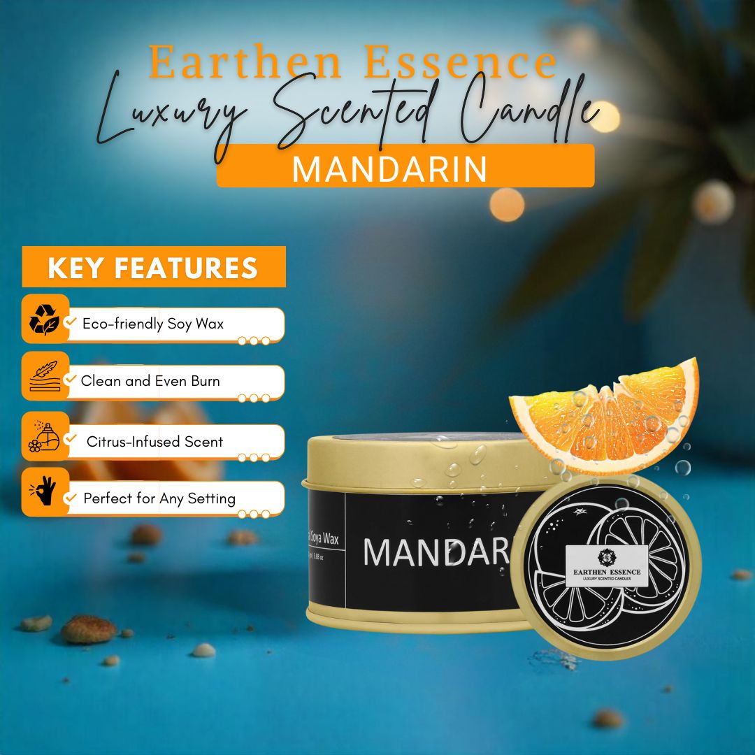 Earthen Essence Luxury Scented Candle MANDARIN | Travel Tin Jar Candle | 100% Natural Soy Wax With Cotton Wick | Smokeless & Non-Toxic Candles | 110gm