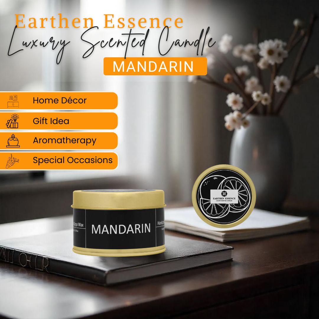 Earthen Essence Luxury Scented Candle MANDARIN | Travel Tin Jar Candle | 100% Natural Soy Wax With Cotton Wick | Smokeless & Non-Toxic Candles | 110gm