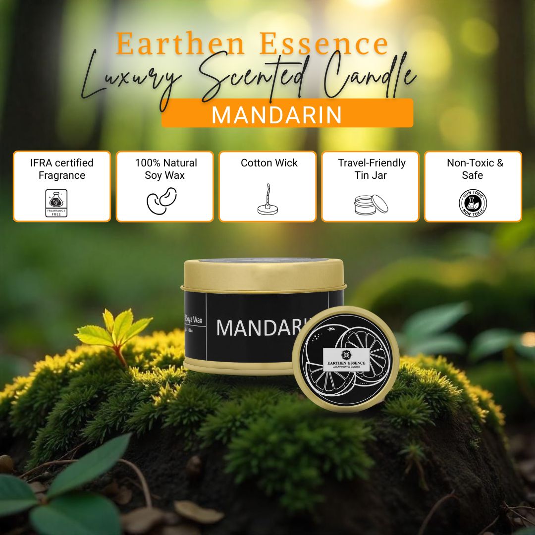 Earthen Essence Luxury Scented Candle MANDARIN | Travel Tin Jar Candle | 100% Natural Soy Wax With Cotton Wick | Smokeless & Non-Toxic Candles | 110gm