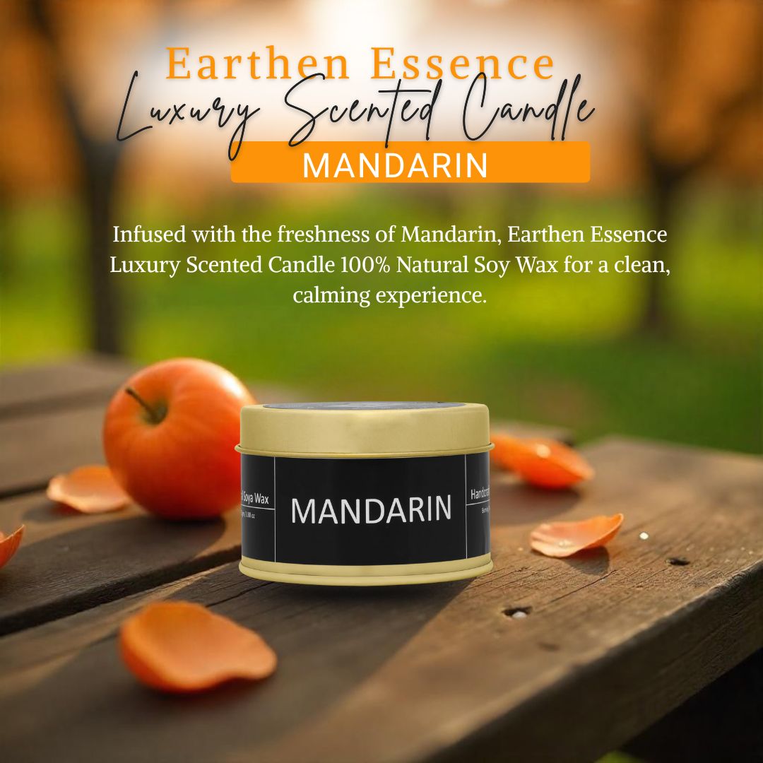Earthen Essence Luxury Scented Candle MANDARIN | Travel Tin Jar Candle | 100% Natural Soy Wax With Cotton Wick | Smokeless & Non-Toxic Candles | 110gm
