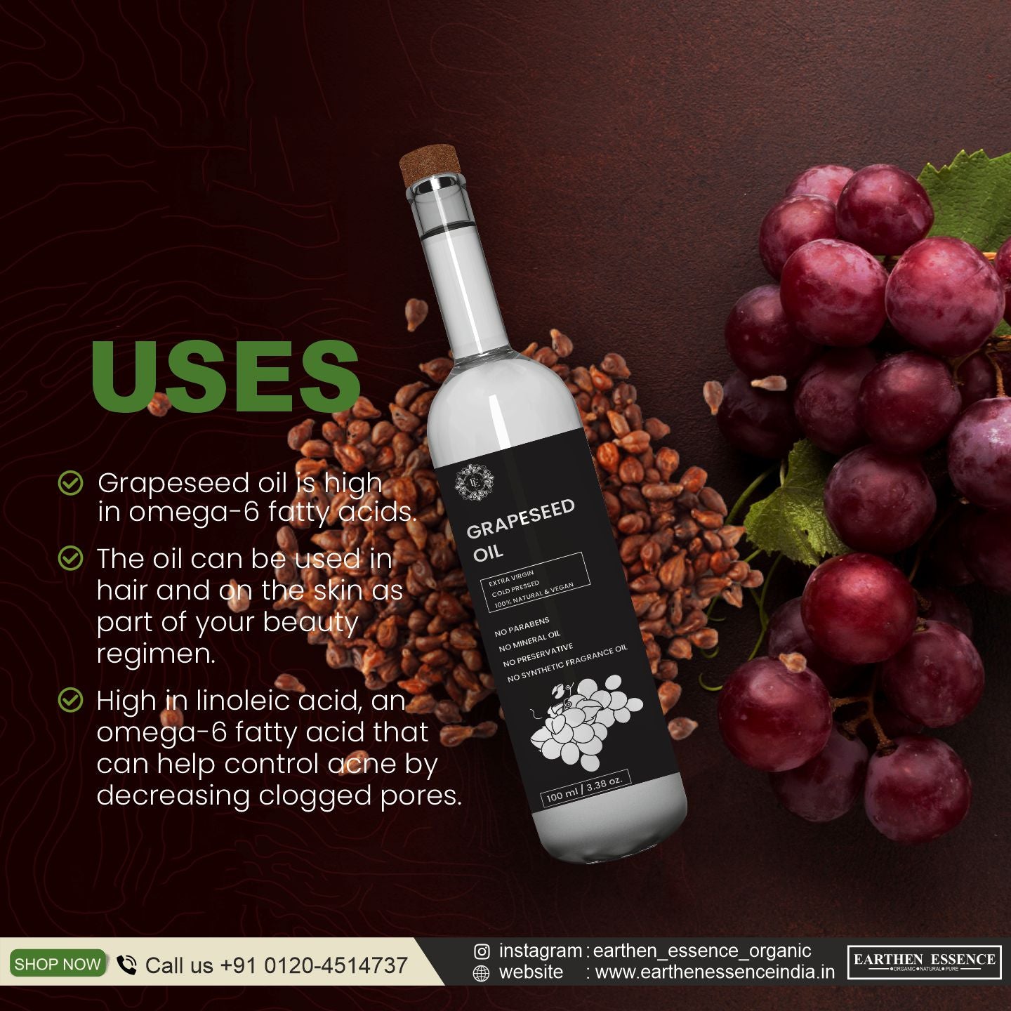 Organic GREPE SEED Oil | Woodpressed | Skin Tightening, Acne & Hair Growth | Face, Hair & Body Massage | Nourishes & hydrates | Extracted with Traditional Wood Pressed Method | 100 ml