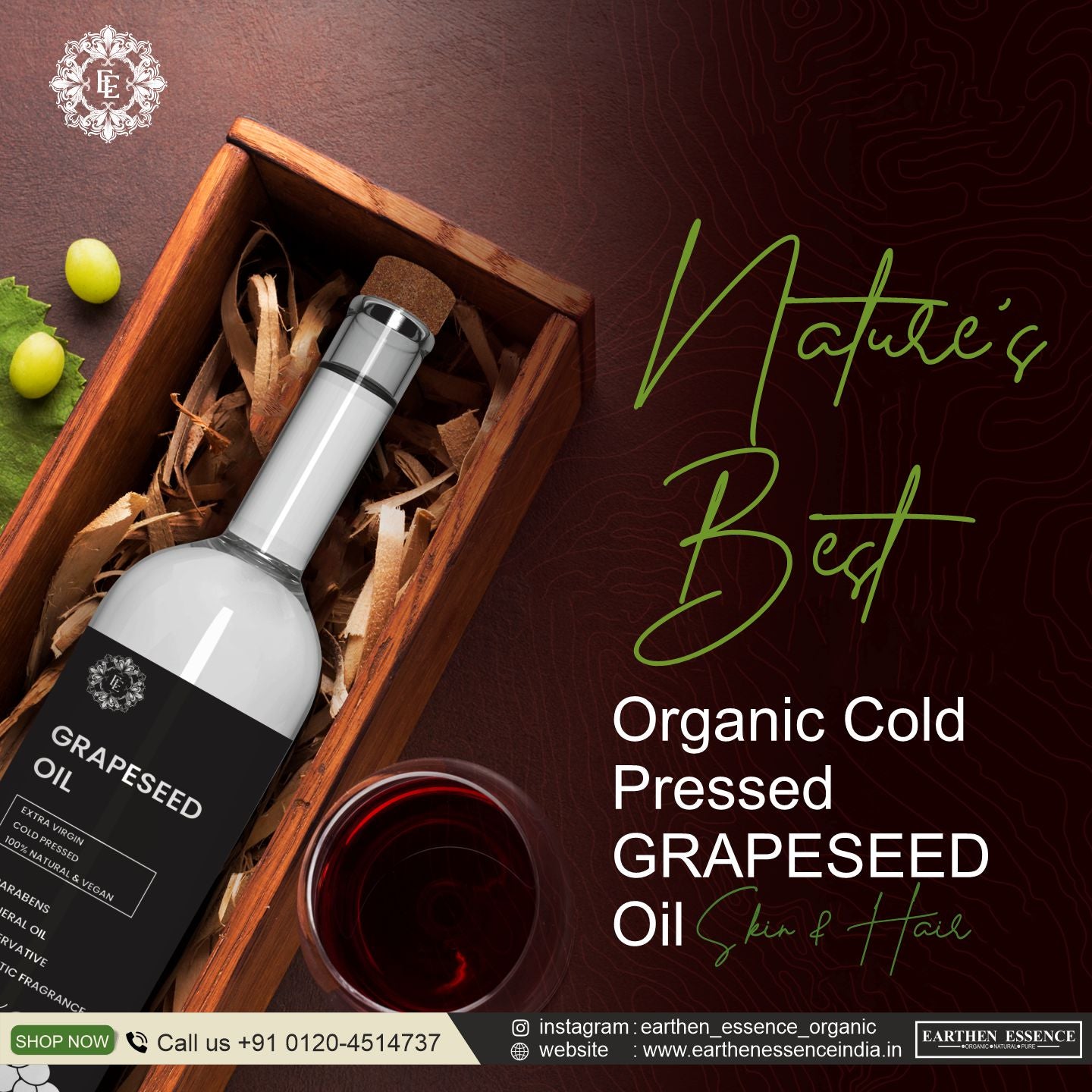 Organic GREPE SEED Oil | Woodpressed | Skin Tightening, Acne & Hair Growth | Face, Hair & Body Massage | Nourishes & hydrates | Extracted with Traditional Wood Pressed Method | 100 ml