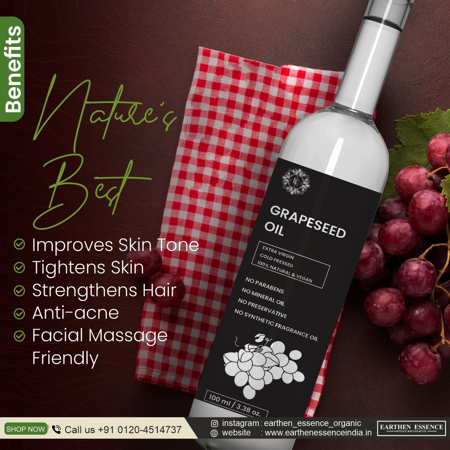 Organic GREPE SEED Oil | Woodpressed | Skin Tightening, Acne & Hair Growth | Face, Hair & Body Massage | Nourishes & hydrates | Extracted with Traditional Wood Pressed Method | 100 ml