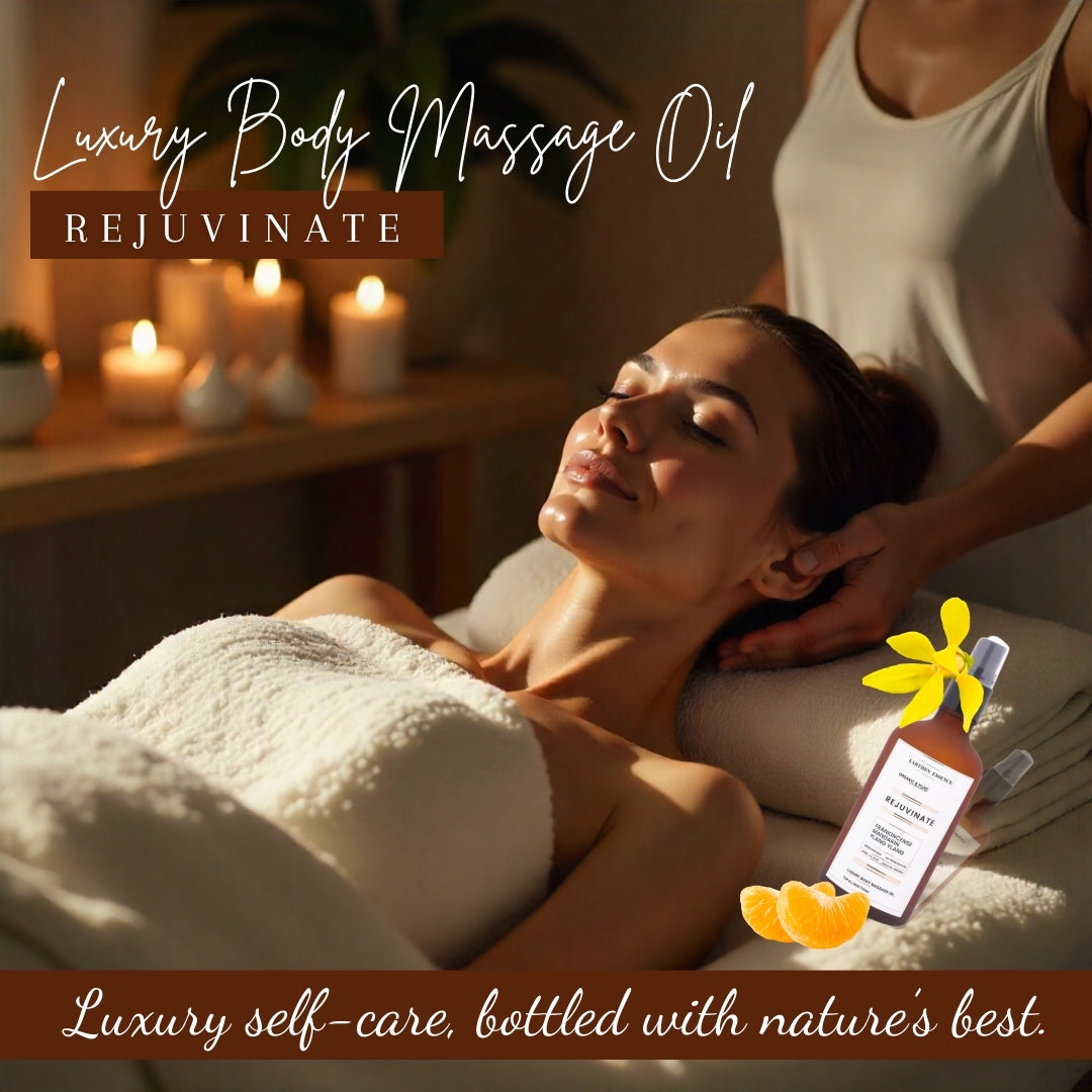 Luxurious Body massage Oil REJUVINATE | For Destress, Uplifting, Mood Boosting, Calming| With Wood Pressed Avocado, Jojoba, Sweet Almond oil and Essential Oil Frankincense, Mandarin and Ylang Ylang(100ml)