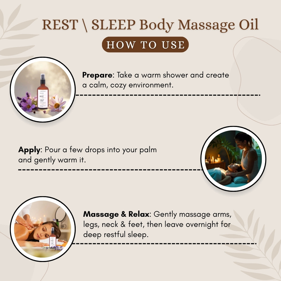 Luxurious Body massage Oil REST \ SLEEP | Reduce Anxiety, Tension, Insomnia & Restless Sleep | Improve Sleep Quality | 100% Pure & Natural (100ml).