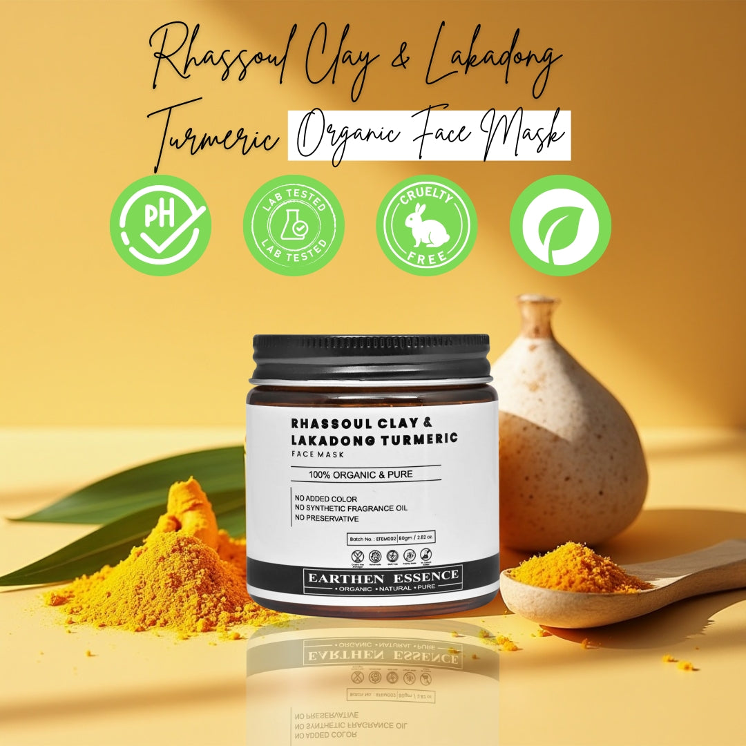 RHASSOUL CLAY & LAKADONG TURMERIC Organic Face Mask | For Skin Brightening, Removes Tan, Brightens & Evens Skin Tone | For All Skin Types | 100 g