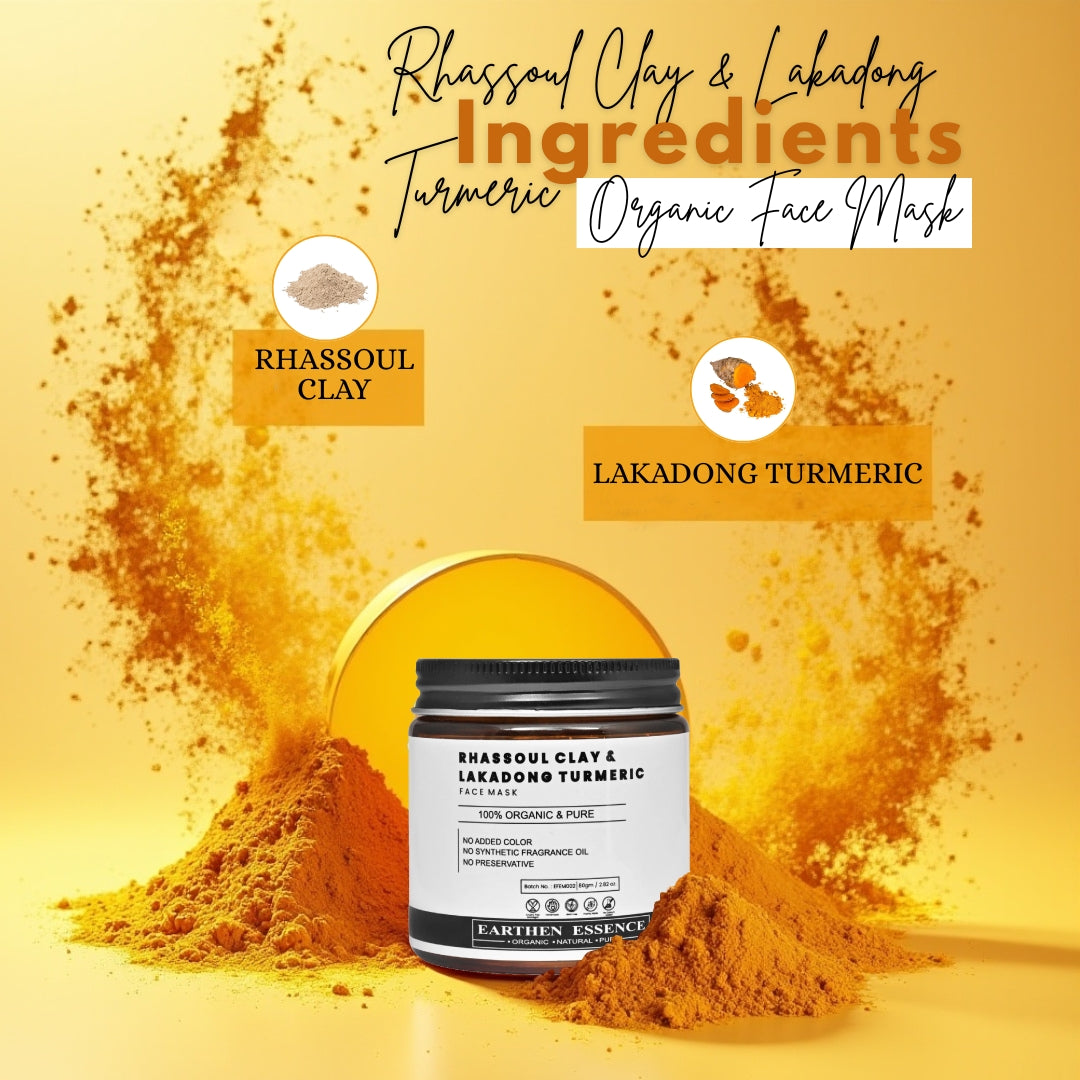 RHASSOUL CLAY & LAKADONG TURMERIC Organic Face Mask | For Skin Brightening, Removes Tan, Brightens & Evens Skin Tone | For All Skin Types | 100 g