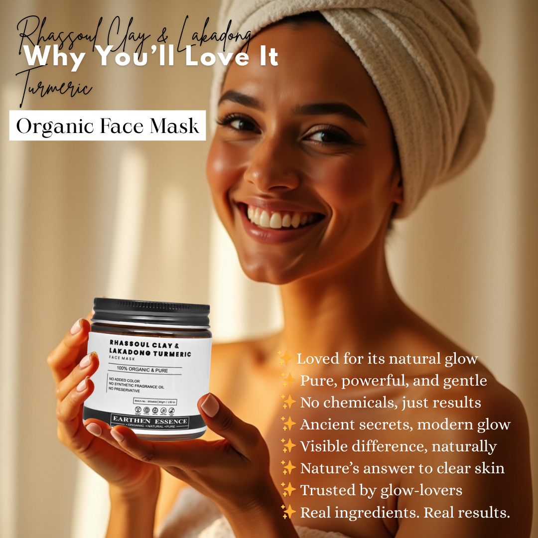 RHASSOUL CLAY & LAKADONG TURMERIC Organic Face Mask | For Skin Brightening, Removes Tan, Brightens & Evens Skin Tone | For All Skin Types | 100 g