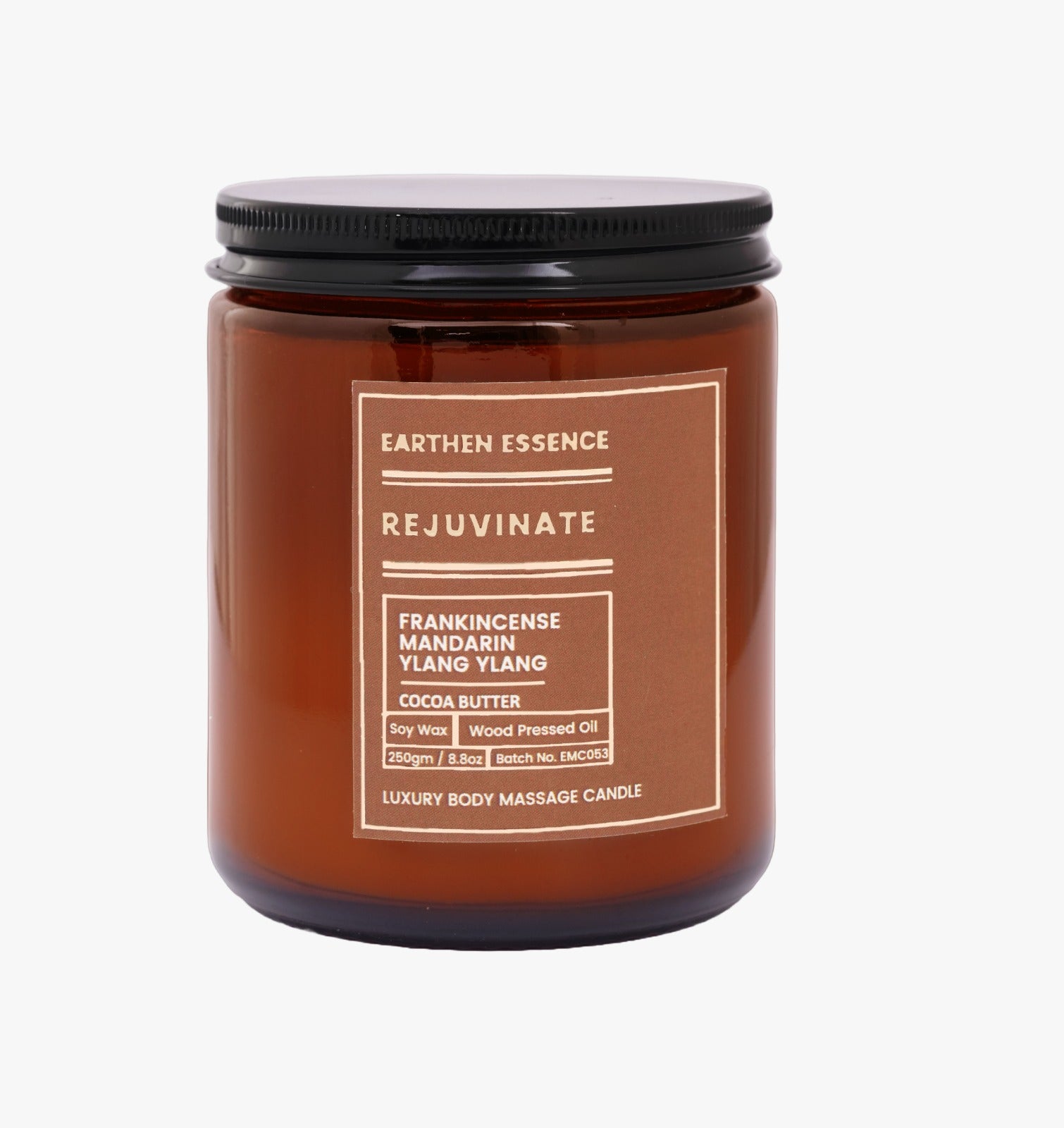 Organic Massage Candle REJUVINATE | Luxurious and Nourishing Massage Serum Candle | With Pure Soy Wax Candle, Wood Pressed Jojoba Oil, Essential oil Frankincense, Mandarin and Ylang Ylang & Shea butter | 250 gm