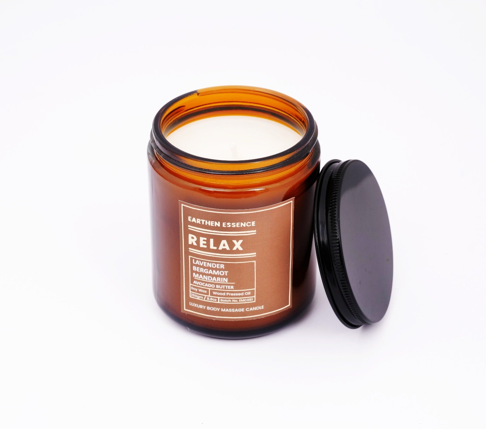 Organic Massage Candle RELAX | Luxurious and Nourishing Massage Serum Candle | Soy Wax Candle | with Pure Wood Pressed Jojoba Oil, Pure essential oil Lavender, Bergamot and Mandarin & Avacado butter | 250 gm