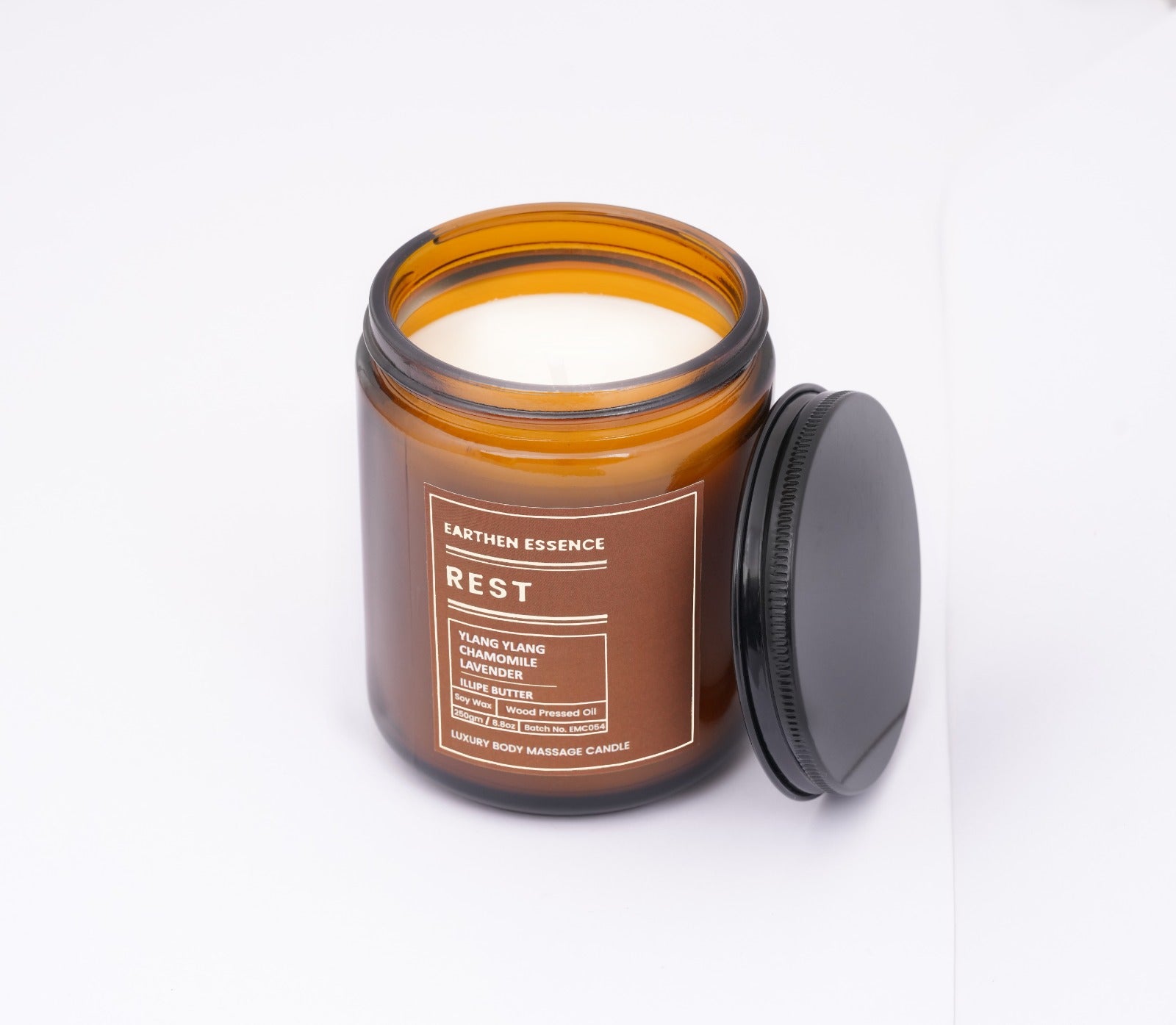 Organic Massage Candle REST | Luxurious and Nourishing Massage Serum Candle | With Pure Soy Wax, Wood Pressed Jojoba Oil, Essential Oil Lavender, Ylang Ylang, Chamomile & Illipe butter| 250 gm.