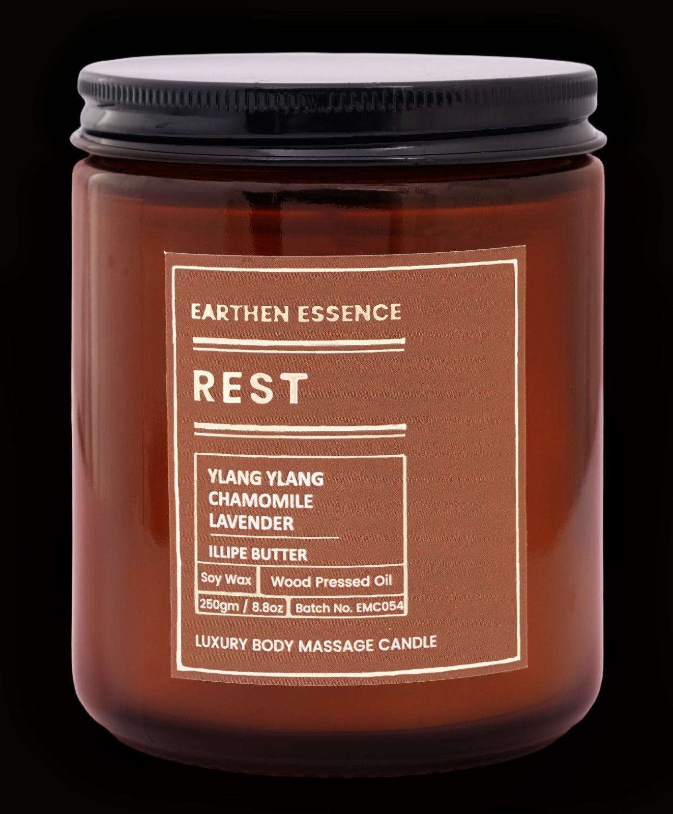 Organic Massage Candle REST | Luxurious and Nourishing Massage Serum Candle | With Pure Soy Wax, Wood Pressed Jojoba Oil, Essential Oil Lavender, Ylang Ylang, Chamomile & Illipe butter| 250 gm.