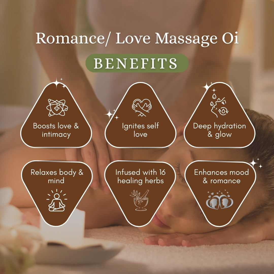 Luxurious Body massage Oil ROMANCE / LOVE – with Kashmiri Nargis Essential oil and 16 herbs | For attracting Love and intimacy, Igniting Self Love, deep hydration and relaxation (100ml)