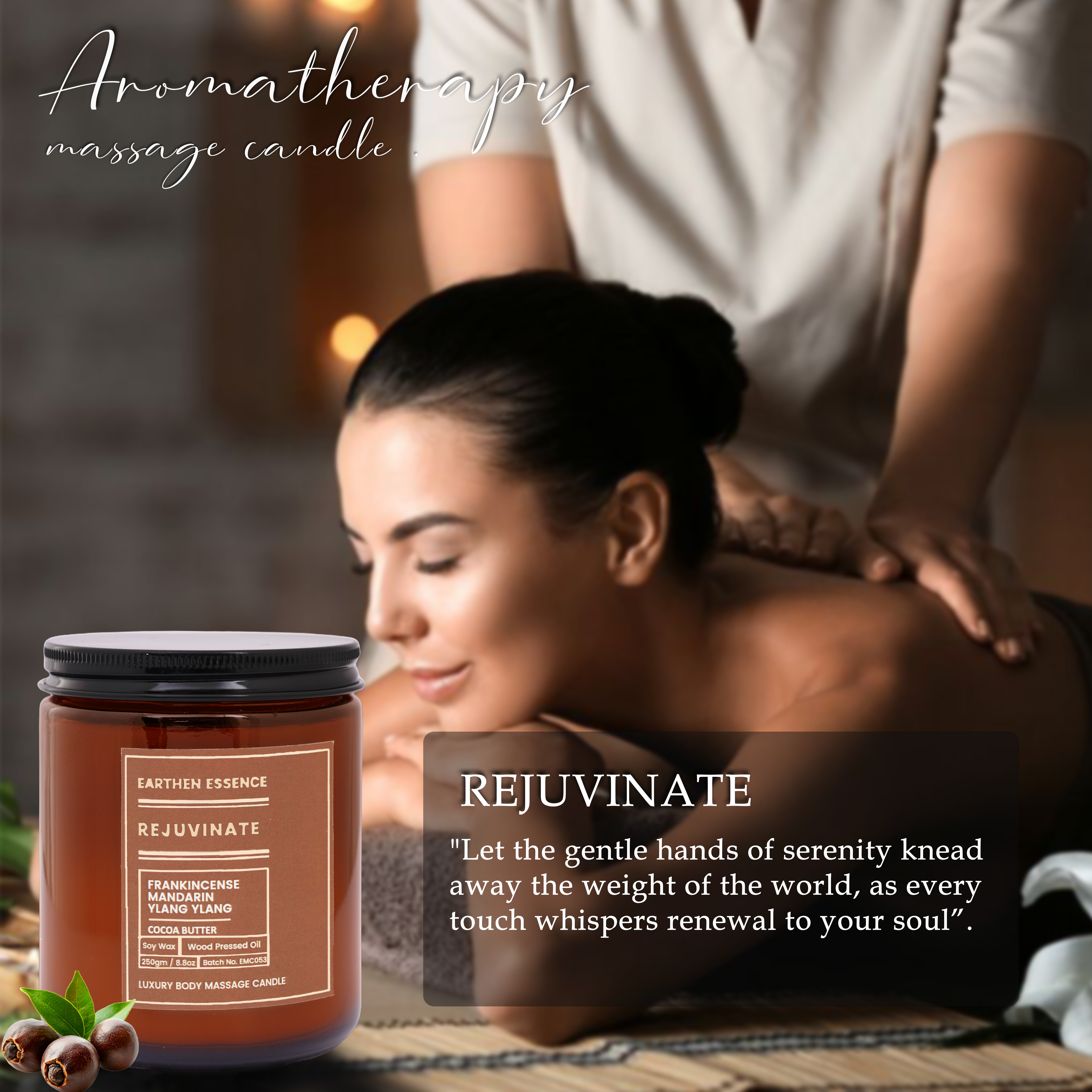 Organic Massage Candle REJUVINATE | Luxurious and Nourishing Massage Serum Candle | With Pure Soy Wax Candle, Wood Pressed Jojoba Oil, Essential oil Frankincense, Mandarin and Ylang Ylang & Shea butter | 250 gm