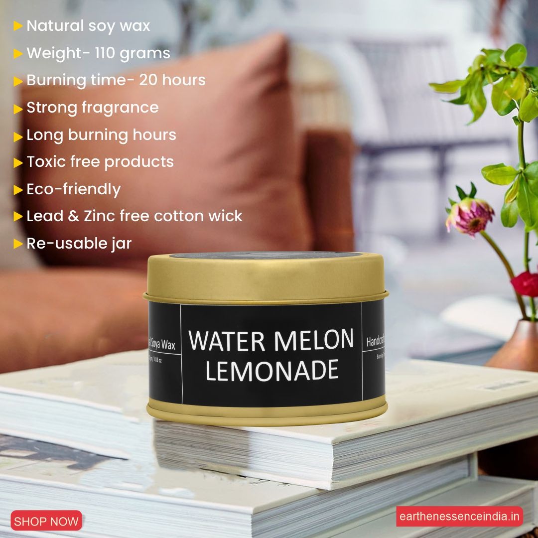 Earthen Essence Luxury Scented Candle WATERMELON & LEMONADE | Travel Tin Jar Candle | 100% Natural Soy Wax With Cotton Wick | Smokeless & Non-Toxic Candles | 110gm