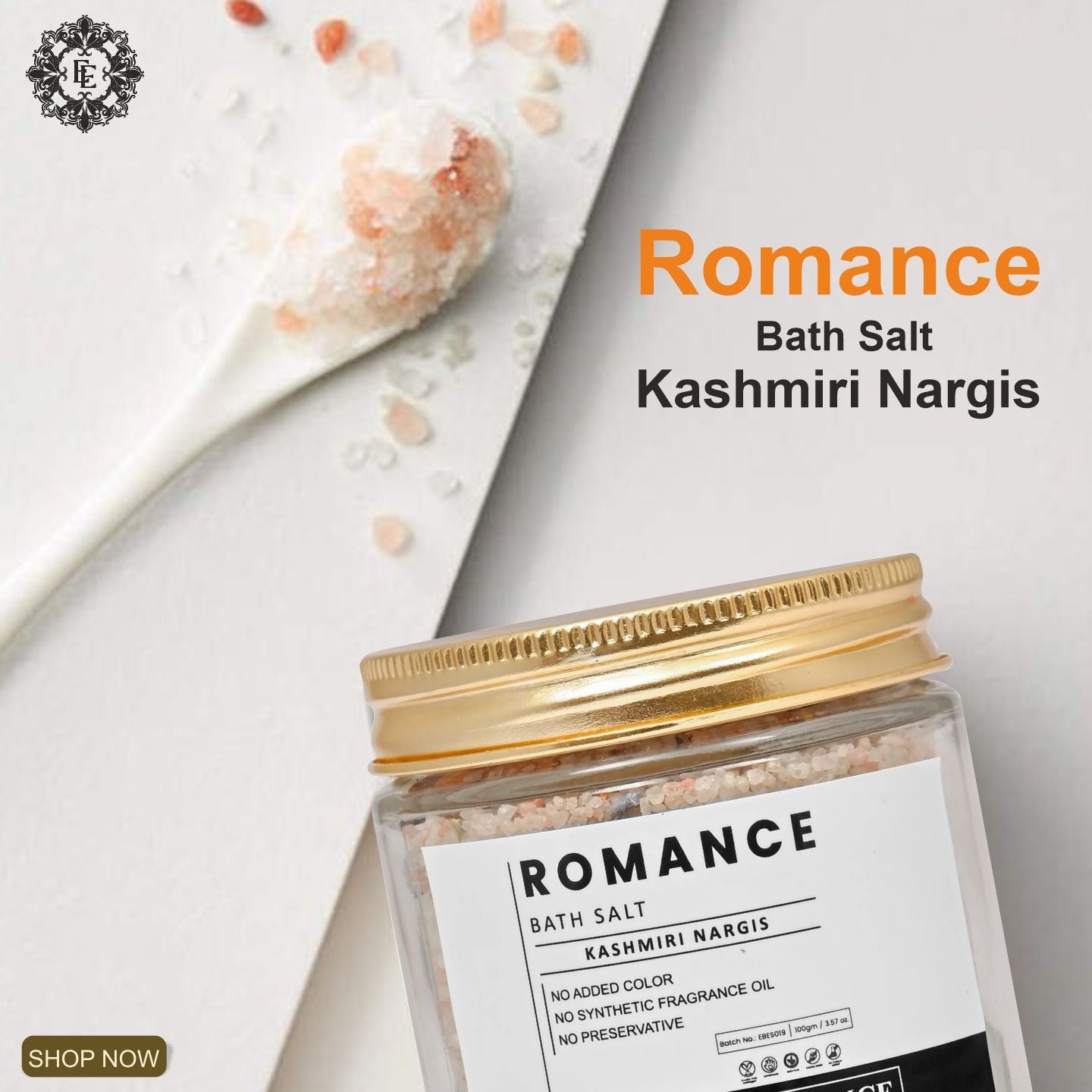 ROMANCE Bath Salt | with Pure essential Oil KASHMIRI NARGIS | Mix of Epsom Salt, Himalayan Salt, and Sea Salt, Vitamin C & E | Romance, Indulge, Relax and Glow | for Body & Foot Spa | 100gm