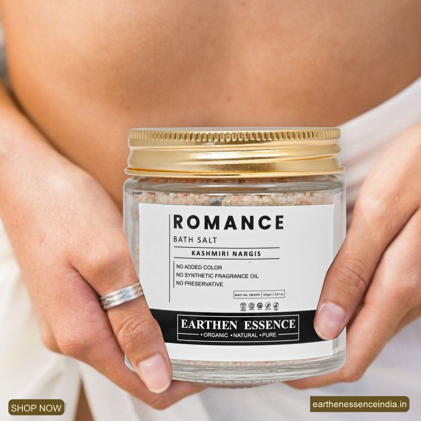 ROMANCE Bath Salt | with Pure essential Oil KASHMIRI NARGIS | Mix of Epsom Salt, Himalayan Salt, and Sea Salt, Vitamin C & E | Romance, Indulge, Relax and Glow | for Body & Foot Spa | 100gm
