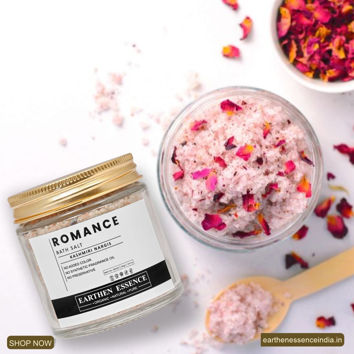 ROMANCE Bath Salt | with Pure essential Oil KASHMIRI NARGIS | Mix of Epsom Salt, Himalayan Salt, and Sea Salt, Vitamin C & E | Romance, Indulge, Relax and Glow | for Body & Foot Spa | 100gm