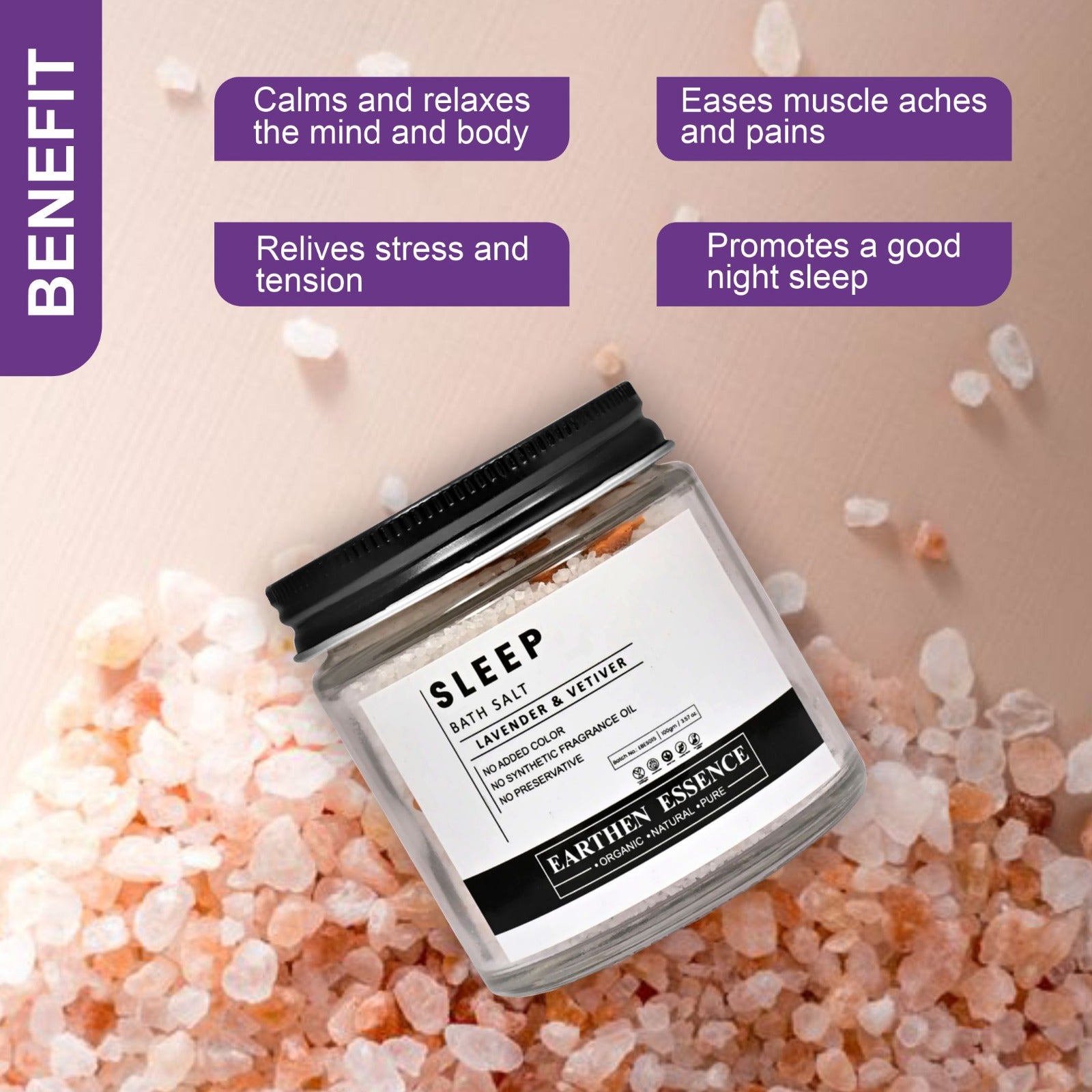 SLEEP Bath Salt | With Pure Essential Oil LAVENDER & VETIVER | Mix of Epsom Salt, Himalayan Salt, and Sea Salt, Vitamin C & E | Dream Sleep, Reduce Insomnia & Restless Sleep| for Body & Foot Spa | 100gm