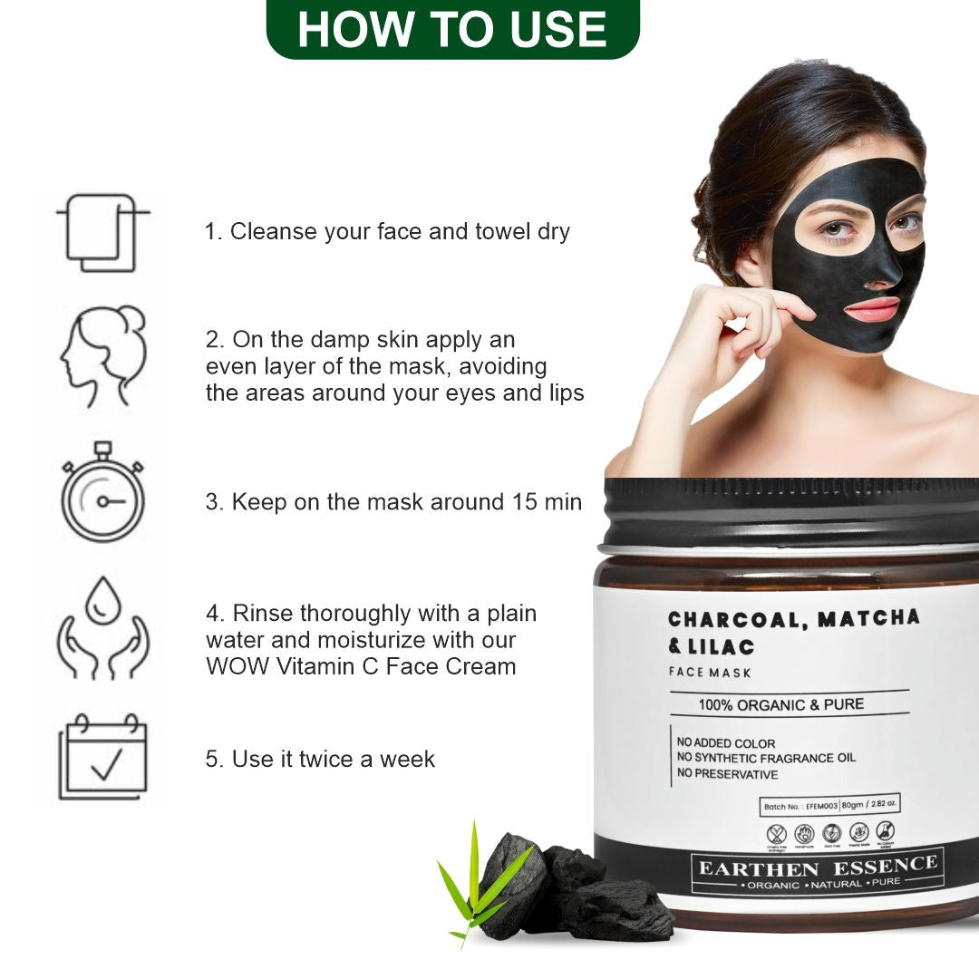 CHARCOAL, MATCHA & LILAC Organic Face Mask | Deep Cleansing, Pore Tightening, Anti-Ageing, Skin Whitening | For All Skin Types | 100g